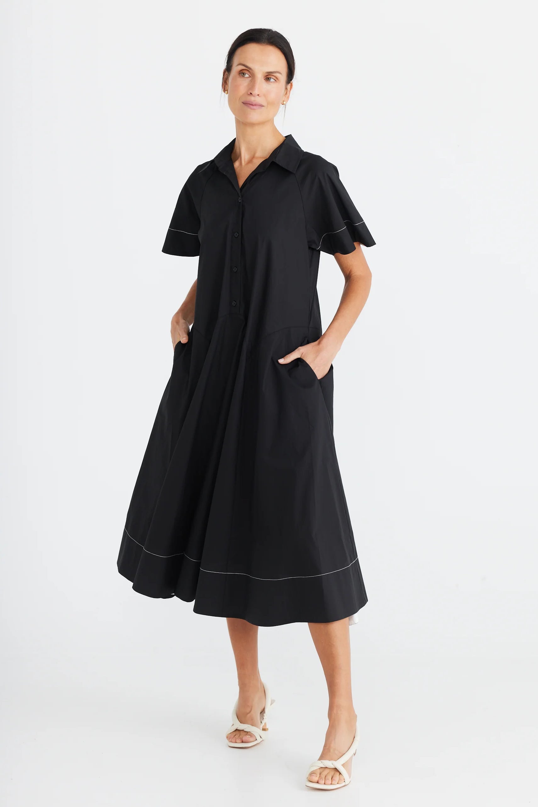 Brave + True - Jordi Dress in Black - Womens Clothing - Crisp cotton black  short sleeve office corporate refined style midi