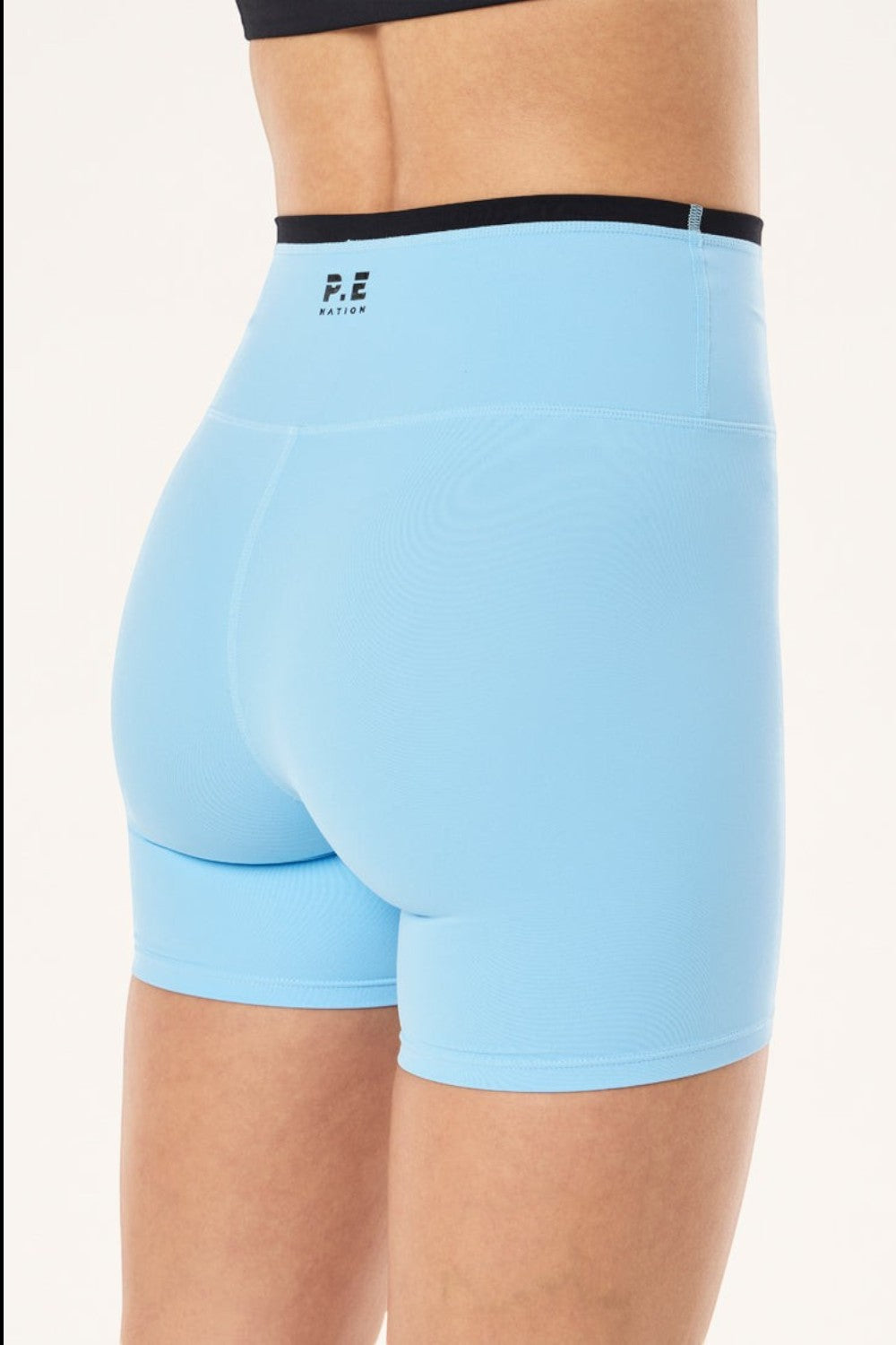 ELSHAM BOUTIQUE Stellar 5 inch bike shorts in Alaskan blue with a black high-rise waistband and logo detail