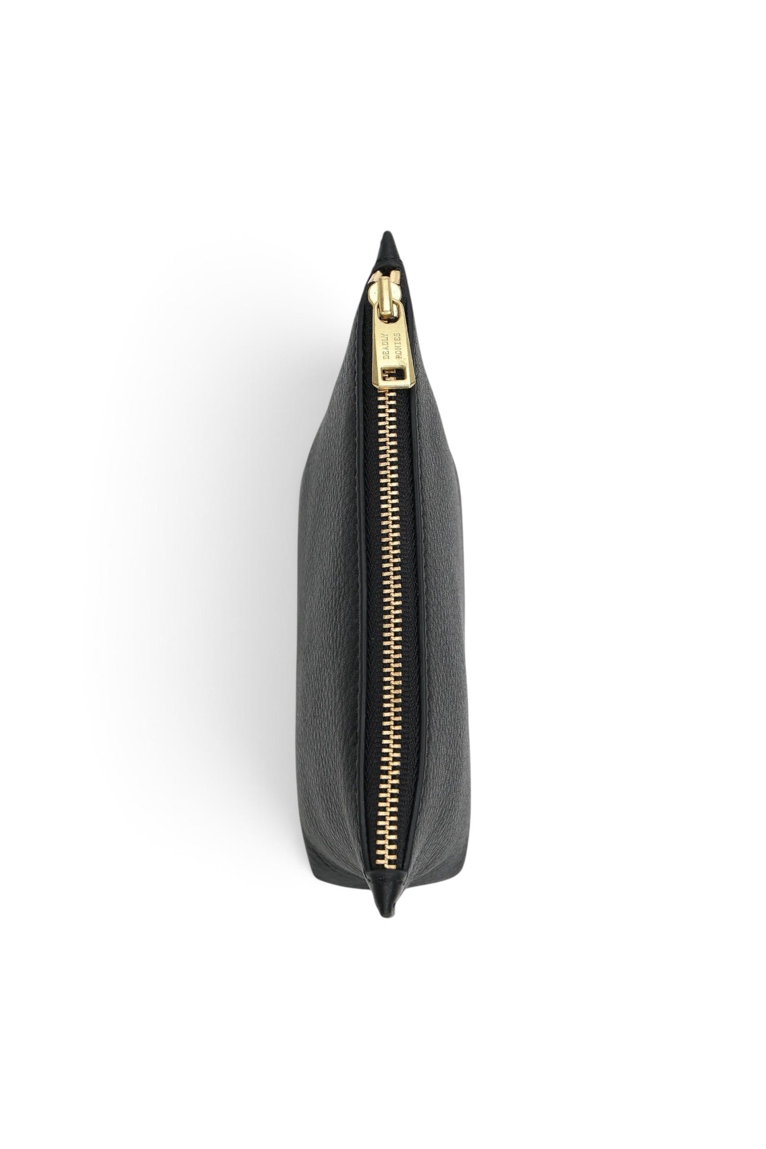 ELSHAM BOUTIQUE black calf nappa leather mini poucher with gold brass zip closure, top-down view.