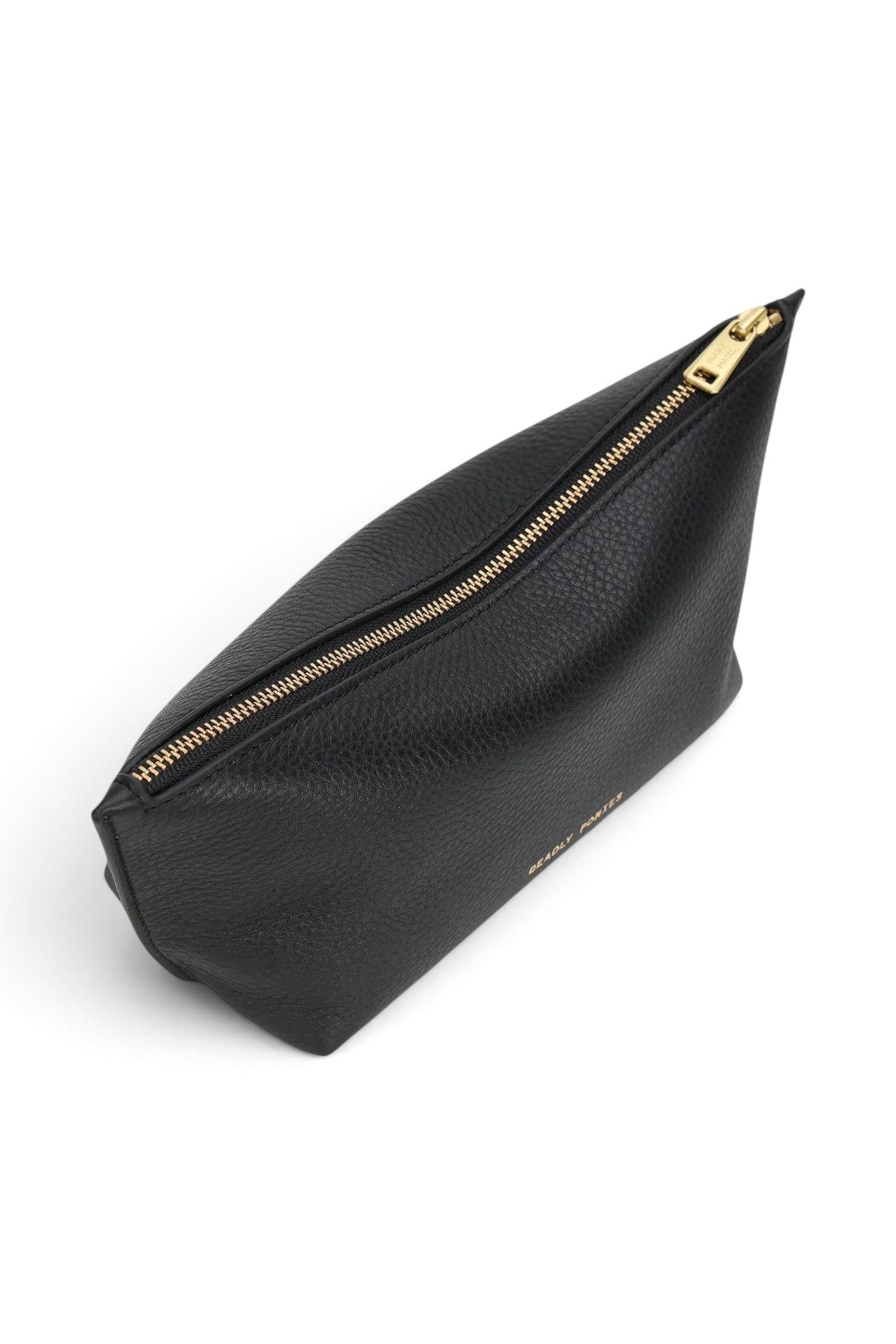 ELSHAM BOUTIQUE black calf nappa leather medium pouch with brass zip closure and gold foil logo embossment