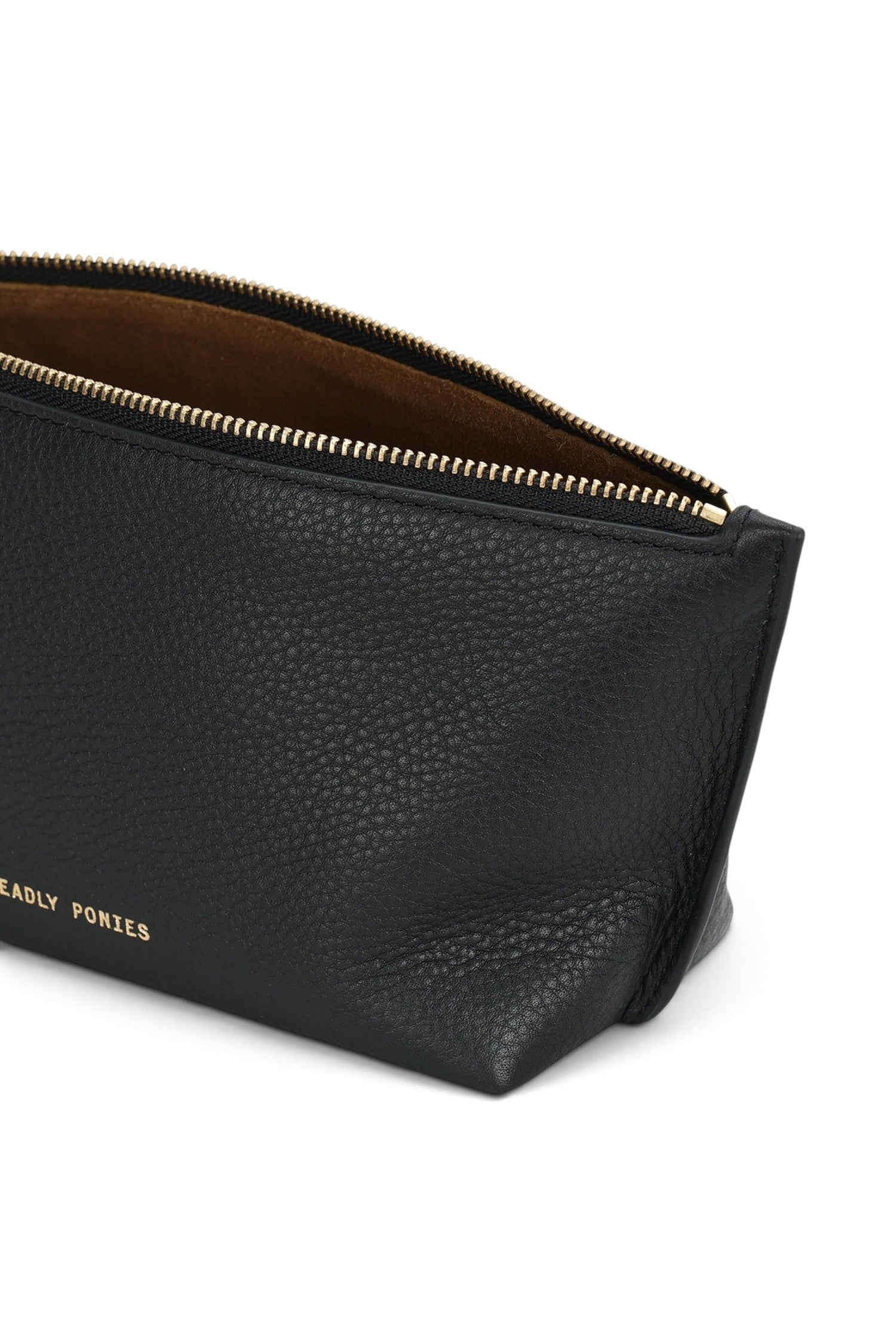 ELSHAM BOUTIQUE black calf nappa leather medium pouch with brass zip closure and gold foil logo detail.