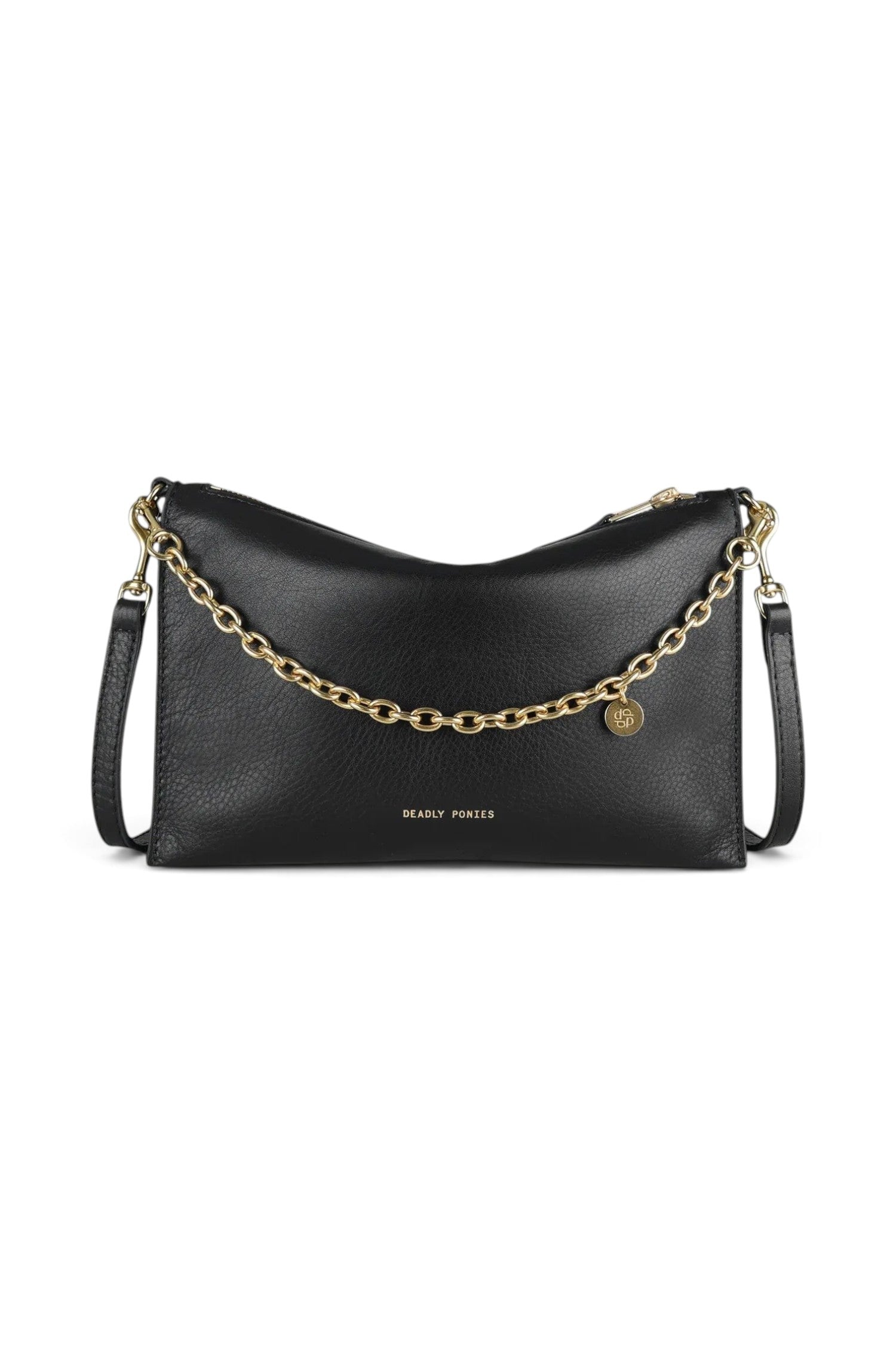 ELSHAM BOUTIQUE black calf nappa leather Siamese bag with gold brass chain handle and adjustable shoulder strap