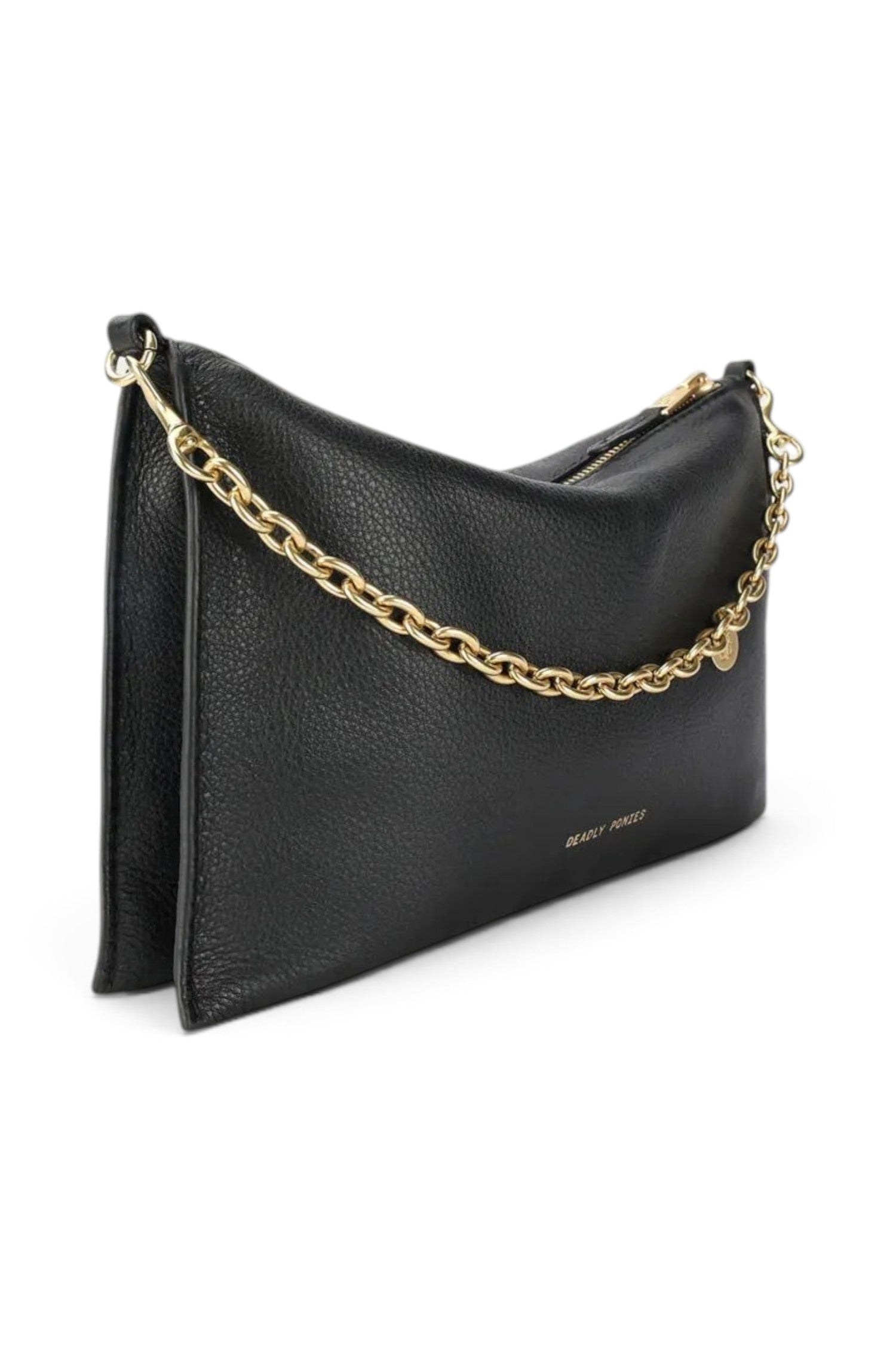 ELSHAM BOUTIQUE black calf nappa leather Siamese bag with a detachable gold brass chain handle and zip closure.