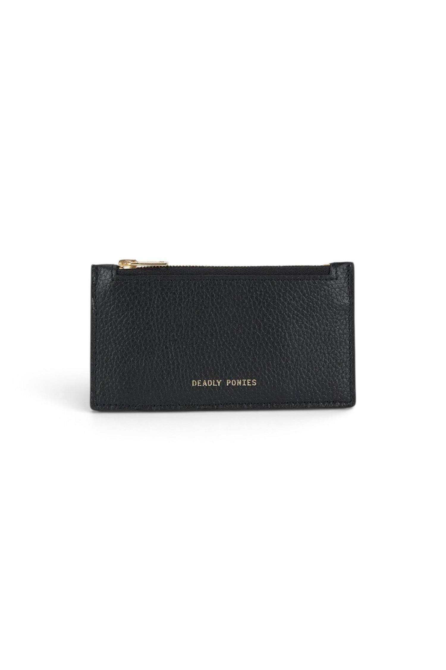 ELSHAM BOUTIQUE black grained calf leather zip card holder with brass hardware and gold foil logo embossment