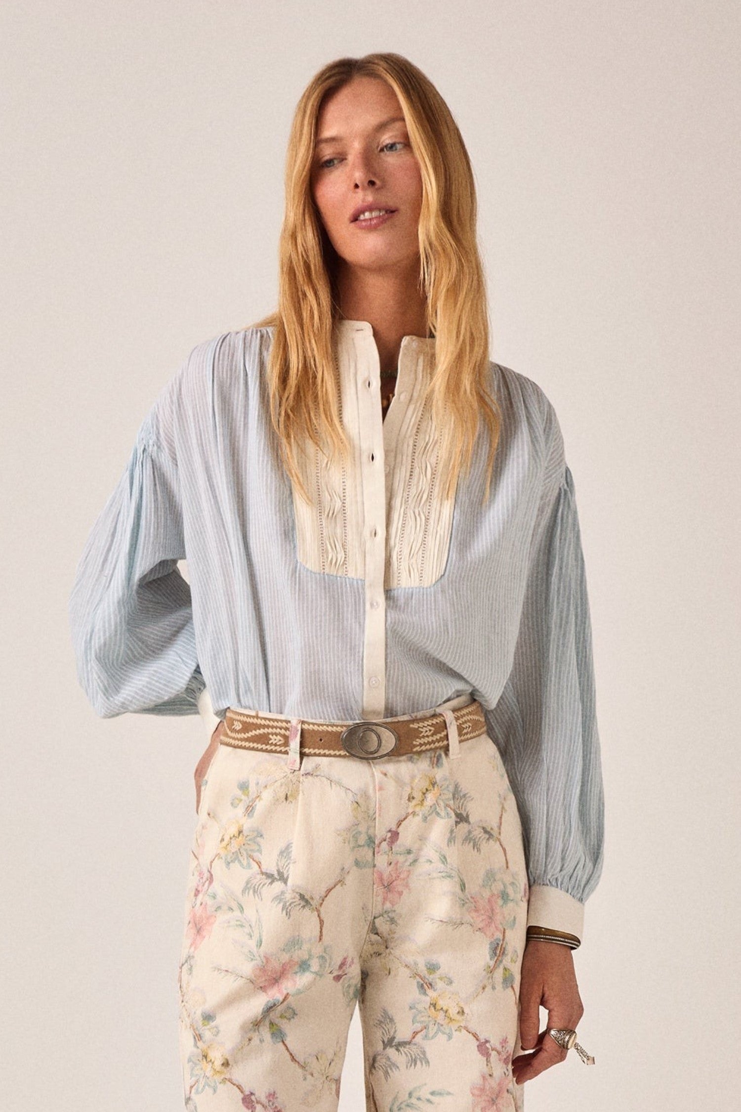 ELSHAM BOUTIQUE Bonifacio shirt in light blue pinstripe cotton with cream embroidered yoke and balloon sleeves