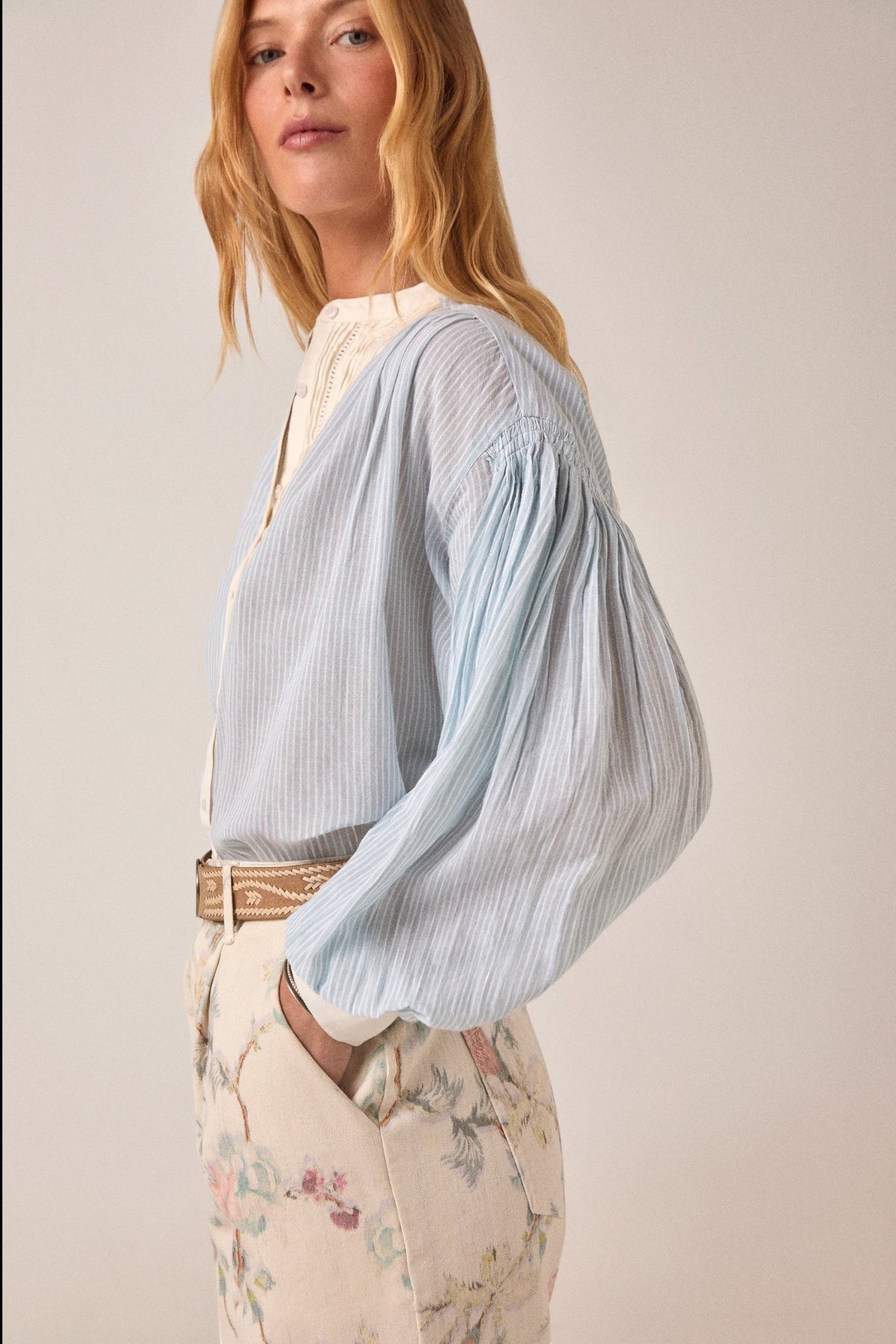 ELSHAM BOUTIQUE Bonifacio shirt in light blue pinstriped cotton with cream embroidered yoke and balloon sleeves.