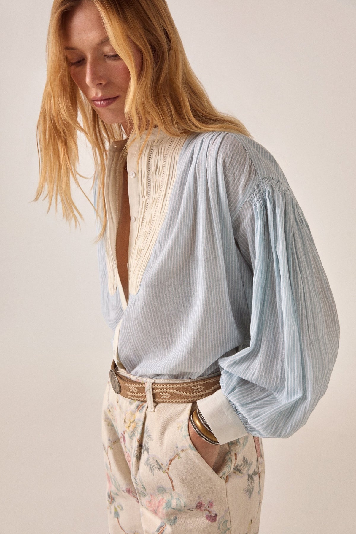 ELSHAM BOUTIQUE Bonifacio shirt in light blue pinstripe cotton with cream embroidered yoke and balloon sleeves