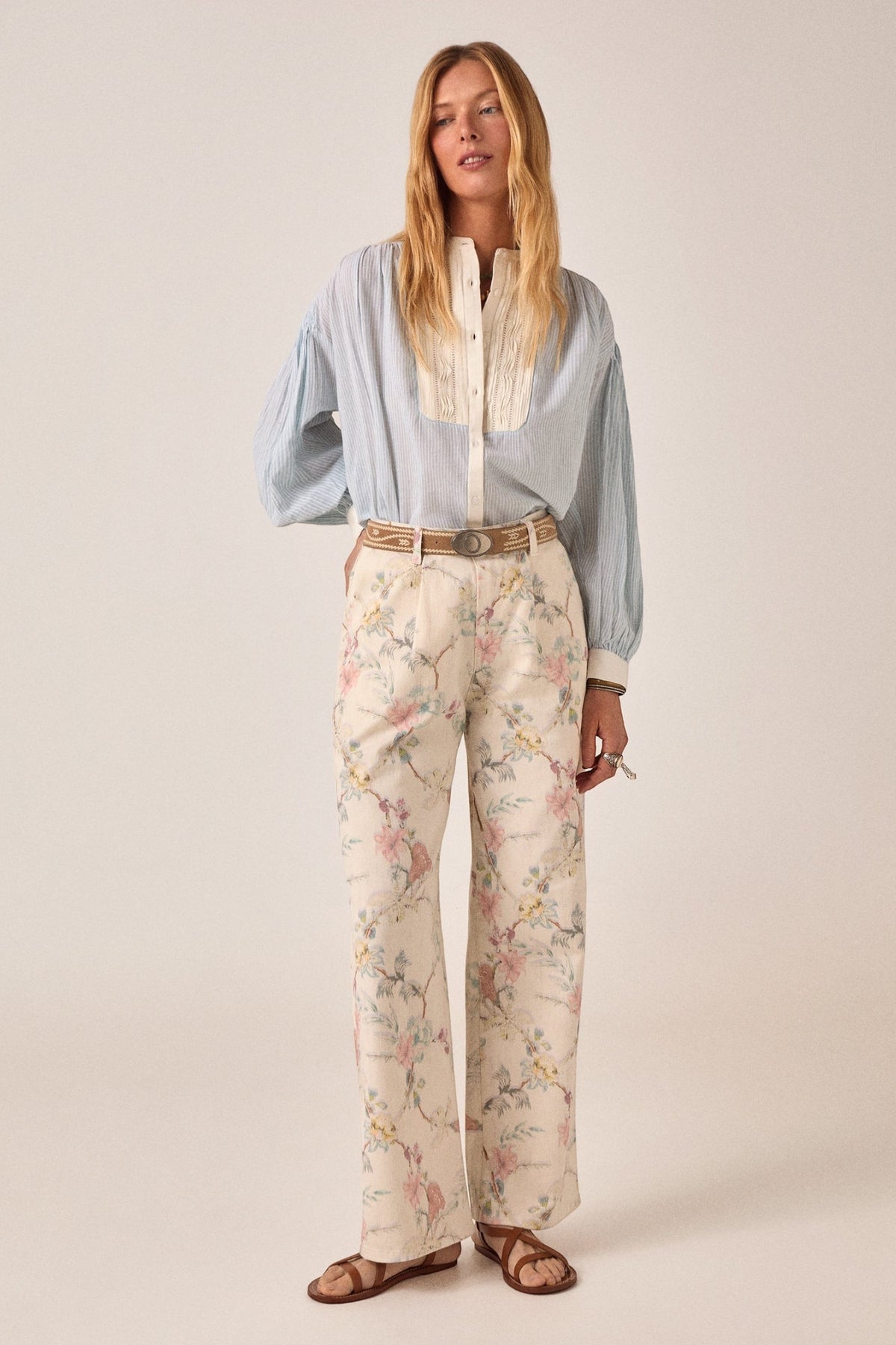 ELSHAM BOUTIQUE Bonifacio shirt in light blue pinstriped cotton with cream embroidered yoke and balloon sleeves.