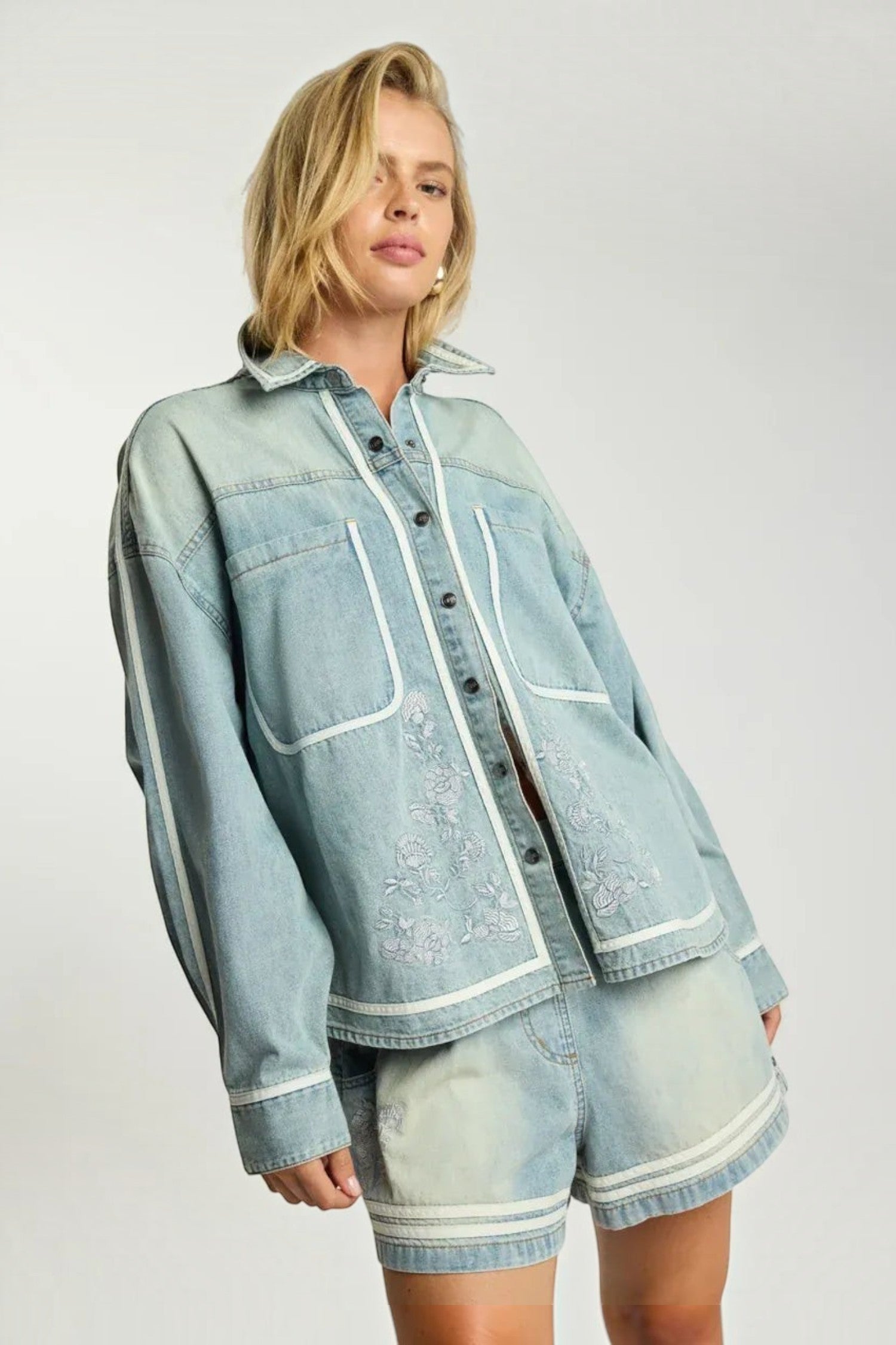 ELSHAM BOUTIQUE chambray blue denim shirt and shorts set with white trim and delicate floral embroidery