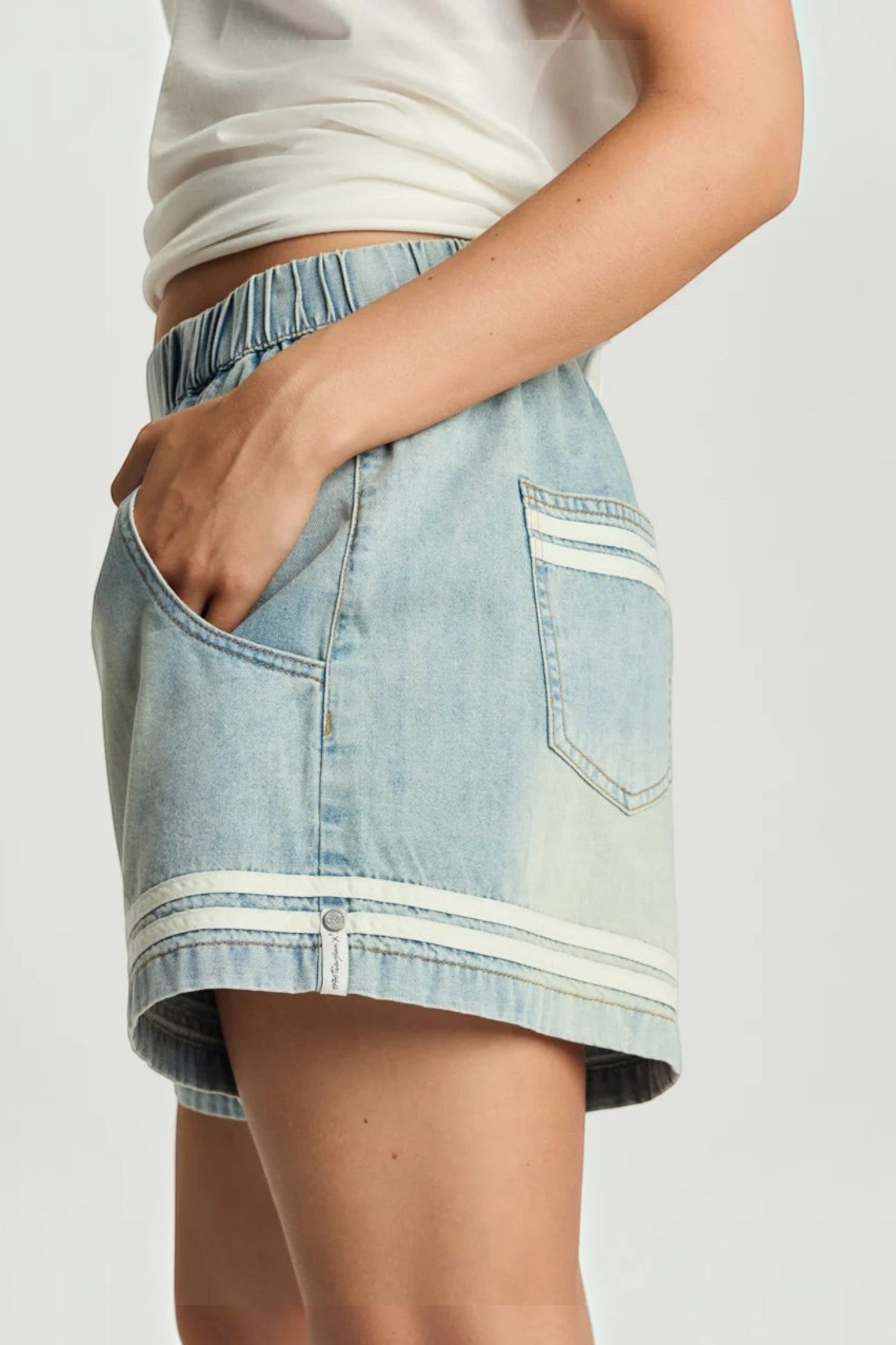 ELSHAM BOUTIQUE Funks high waist chambray blue denim shorts with elasticated waistband and striped hem detail