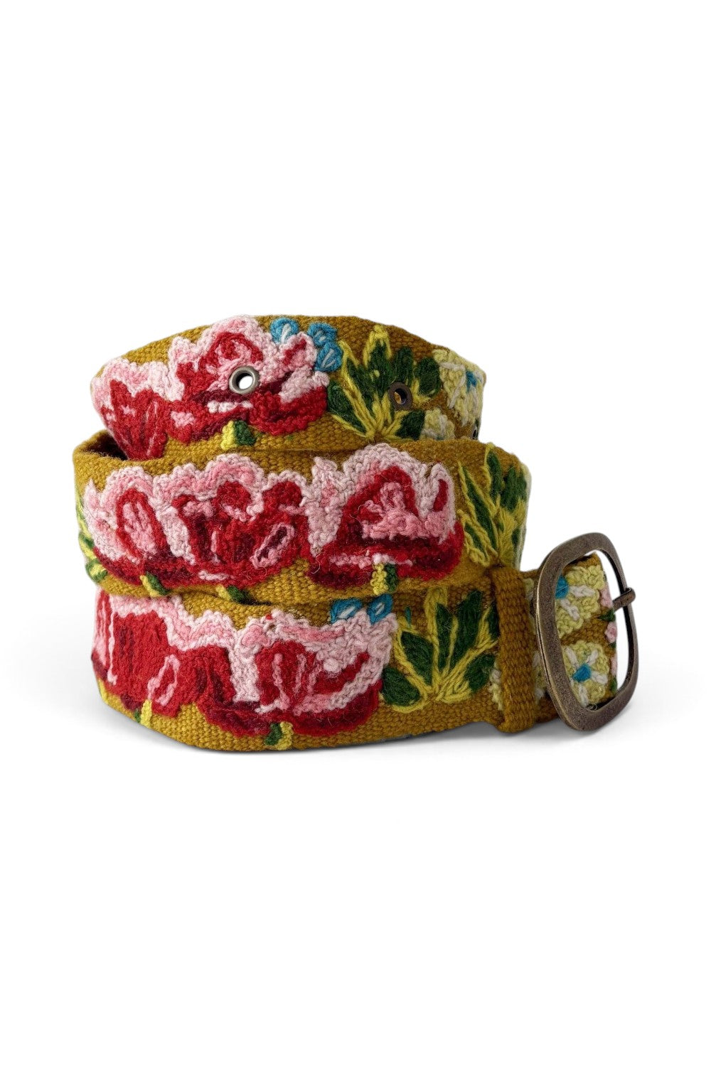 ELSHAM BOUTIQUE Giverny wool belt in mustard yellow with vibrant floral embroidery and a lead-free metal buckle.