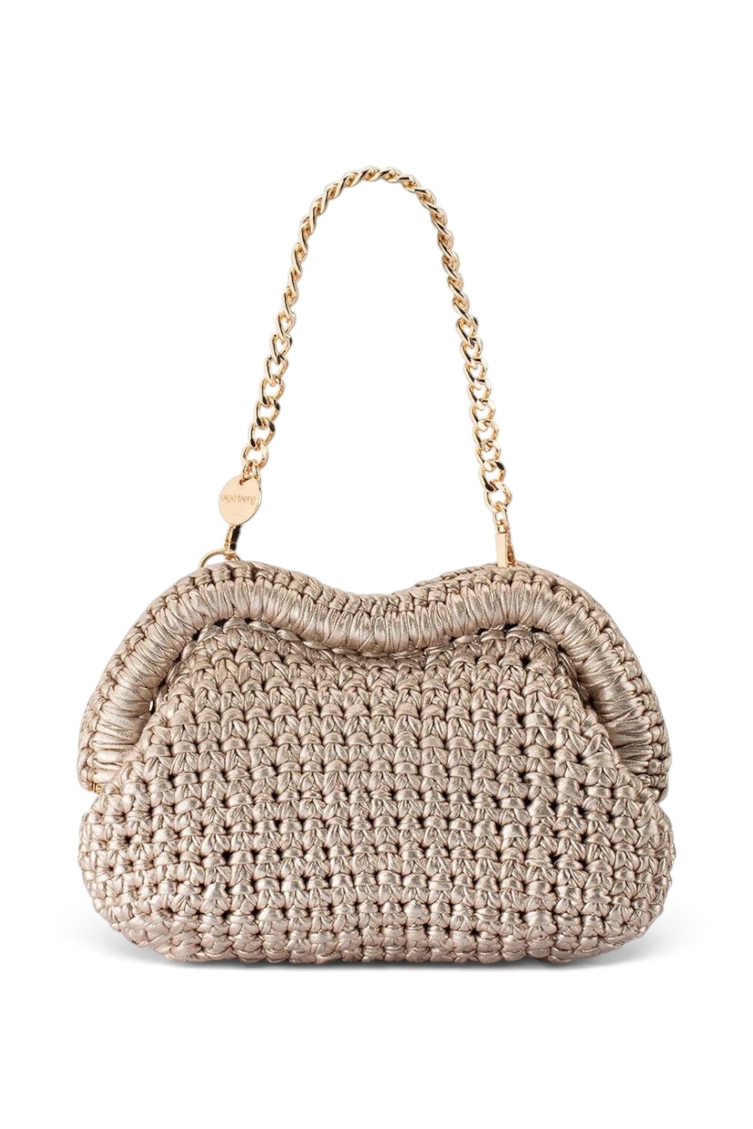 ELSHAM BOUTIQUE Taylor gold metallic crochet clutch with a short chain handle and elegant frame closure