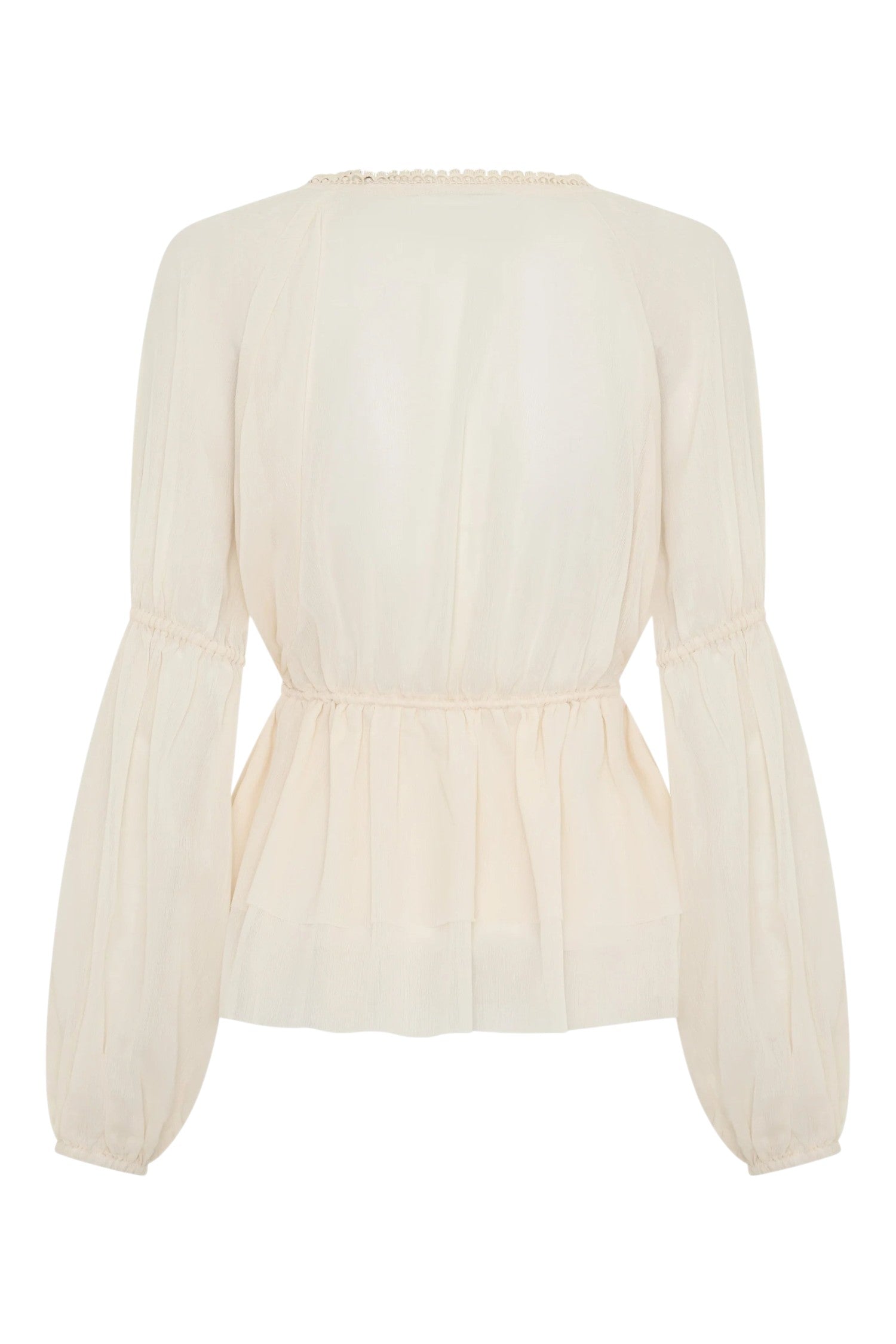 Back view of ELSHAM BOUTIQUE ivory sheer chiffon blouse with voluminous peasant sleeves and elasticated waist.