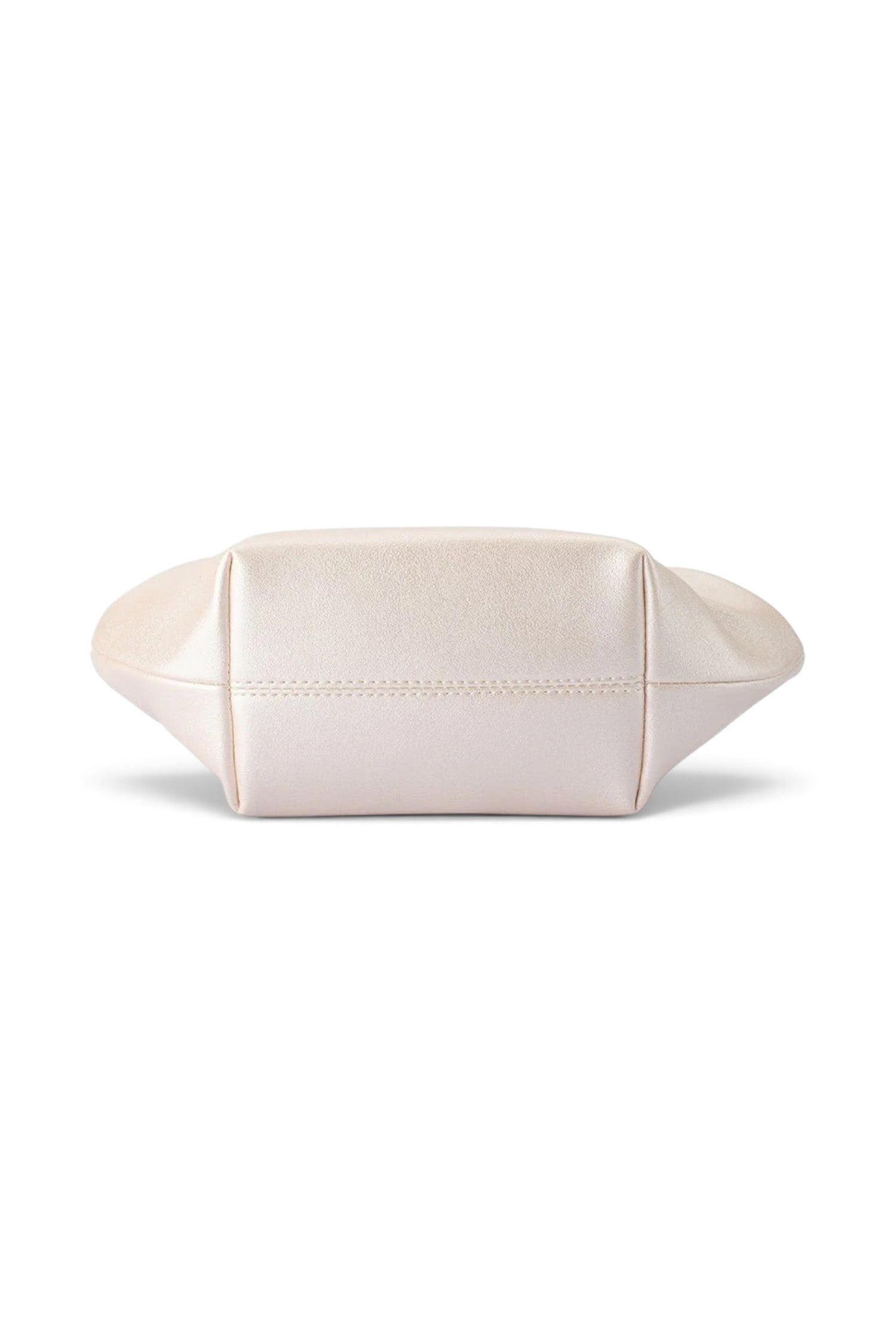 ELSHAM BOUTIQUE Marina pearl clutch in shimmering cream vegan leather, base view showing structured rectangular shape.