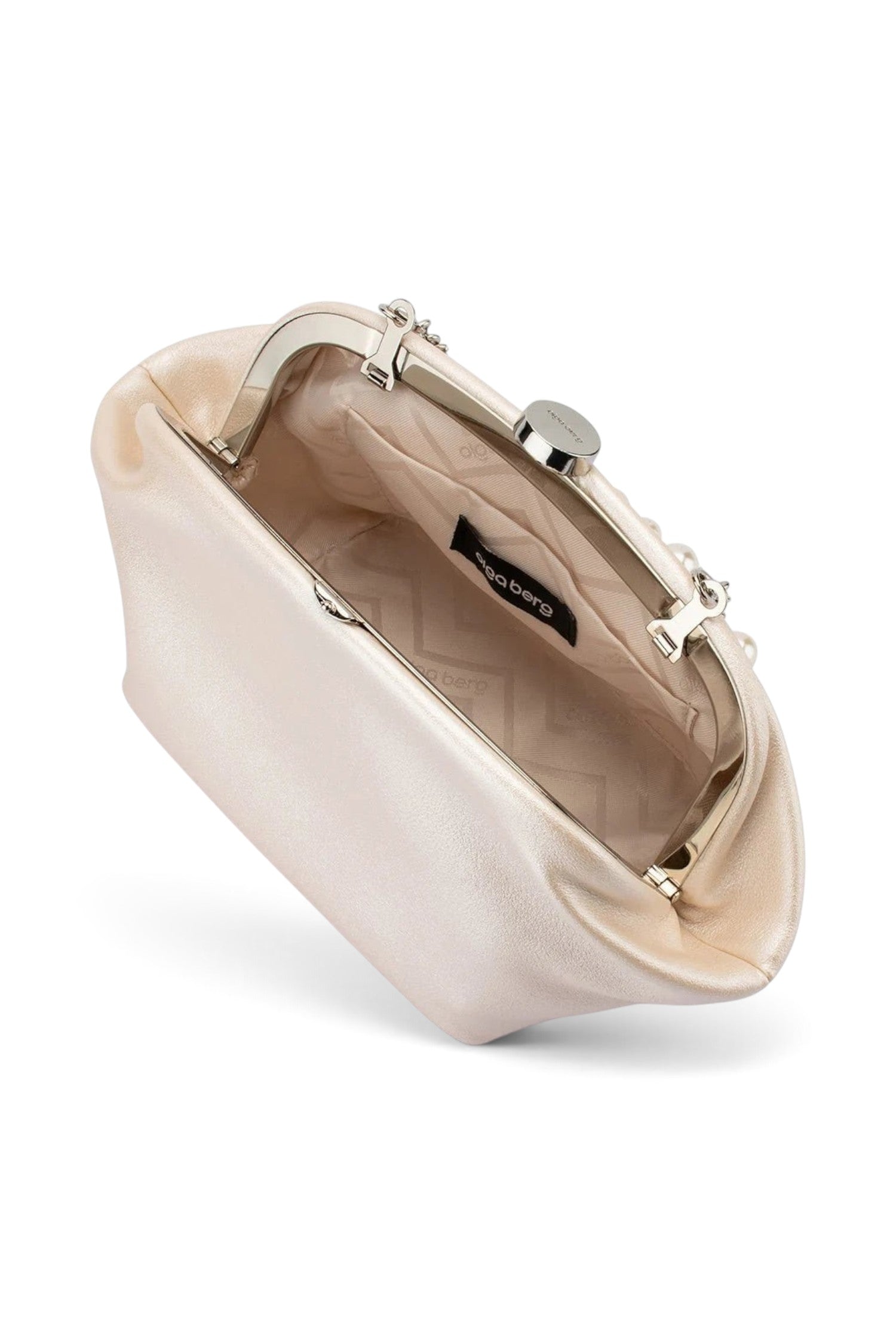 ELSHAM BOUTIQUE Marina pearl clutch bag interior view showing silver hardware and branded lining