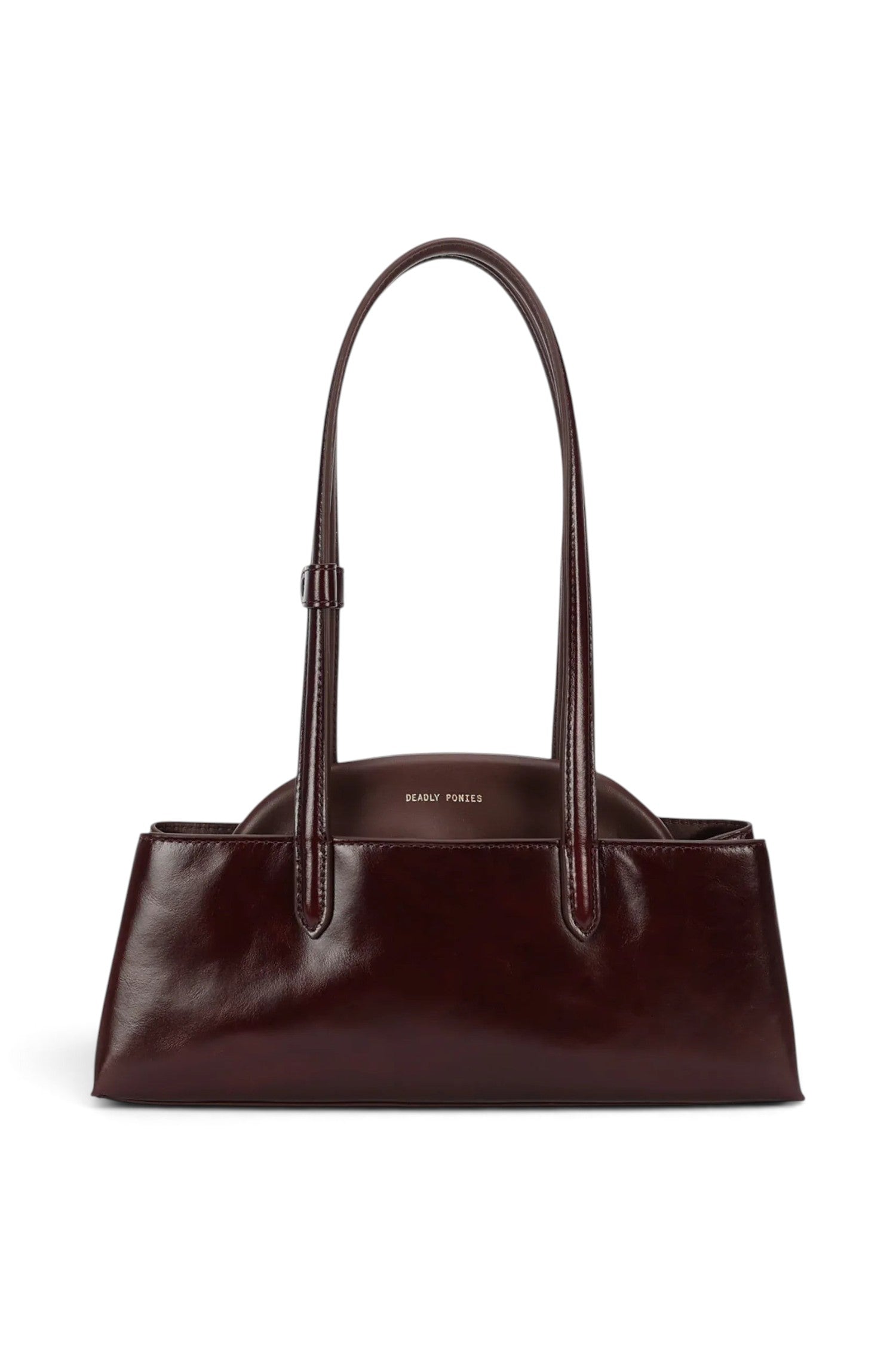 ELSHAM BOUTIQUE Mini Vault Tote in dark cherry glossy calf leather with fixed top handles and magnetic frame closure.