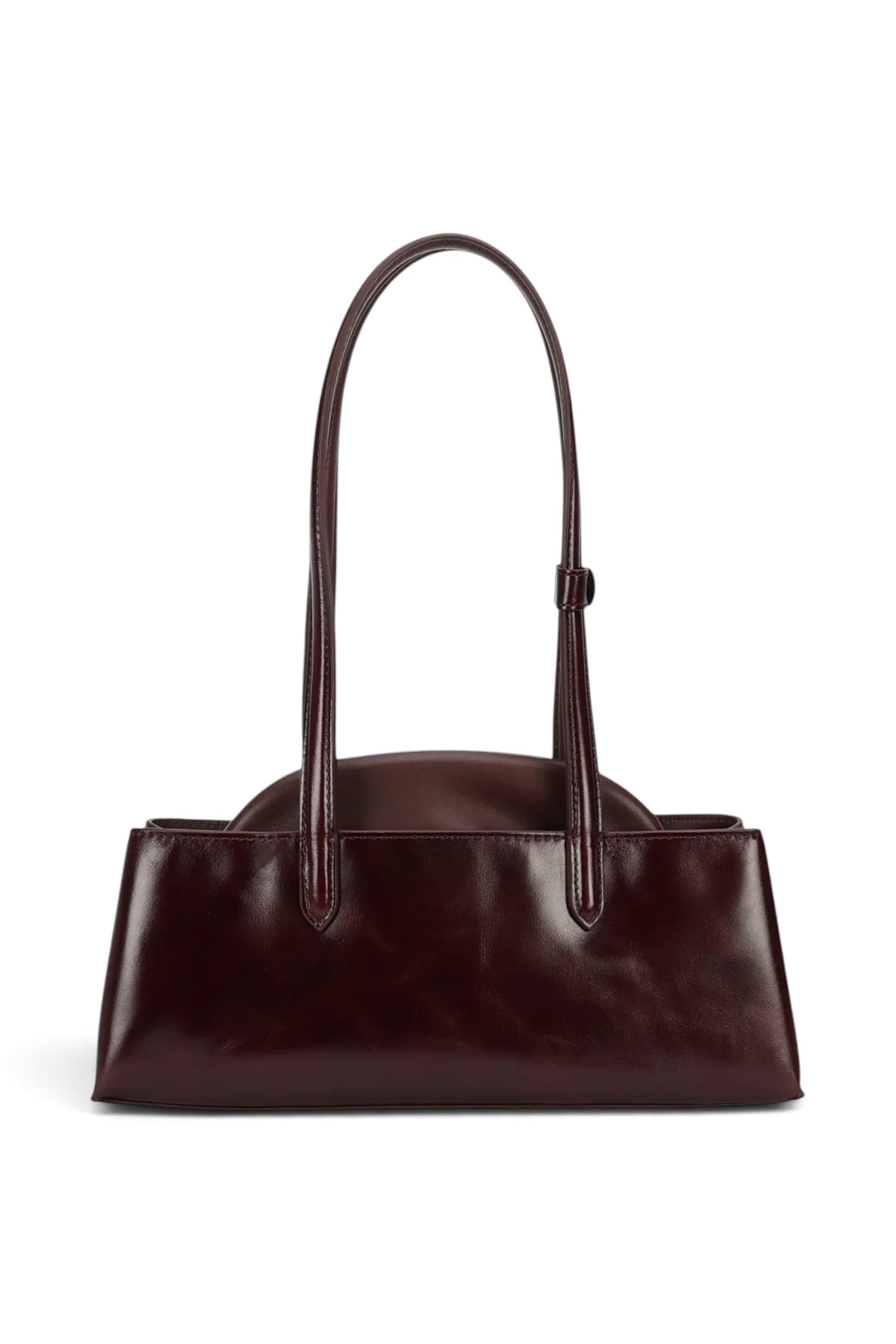 ELSHAM BOUTIQUE Mini Vault Tote in dark cherry glossy calf leather with dual fixed handles and metal frame closure.