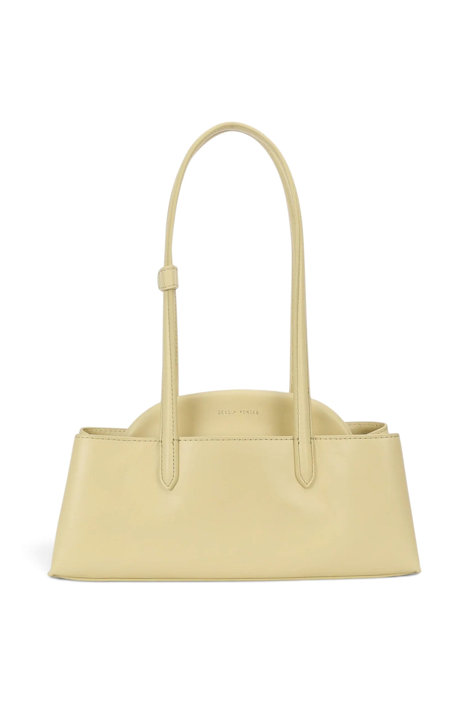 ELSHAM BOUTIQUE Mini Vault Tote in lemonade yellow ironed calf nappa leather with dual top handles and metal frame.