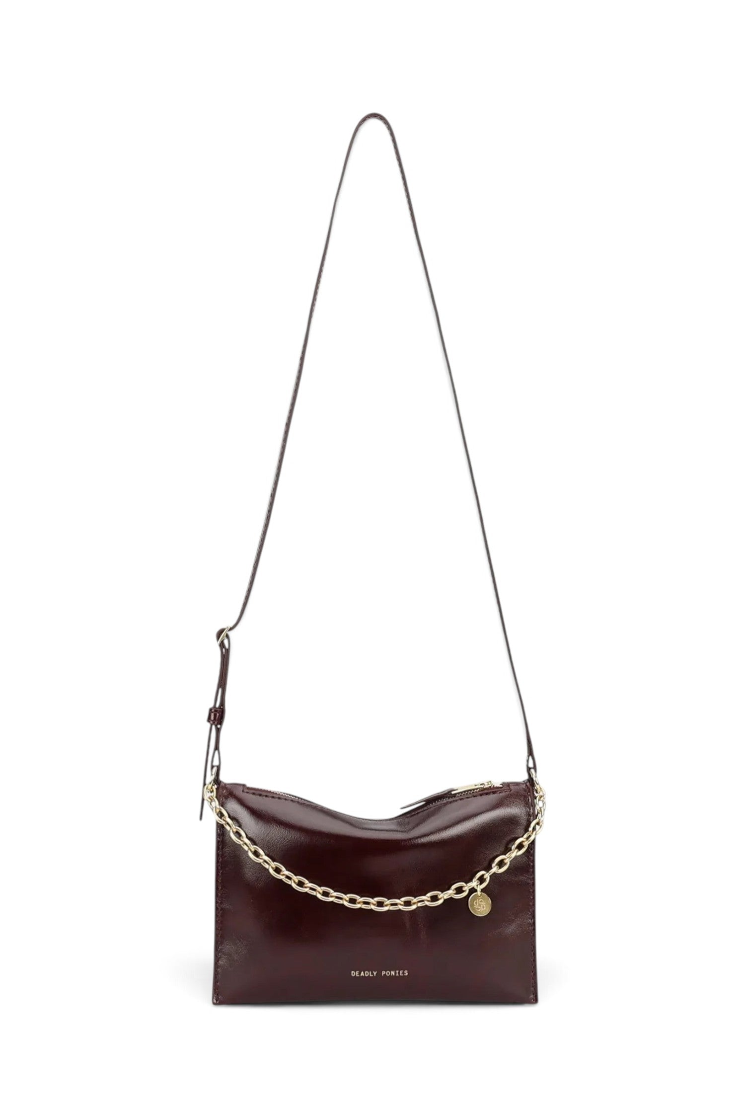 ELSHAM BOUTIQUE Minimese crossbody bag in dark cherry glossy calf nappa leather with a gold chain and adjustable strap.