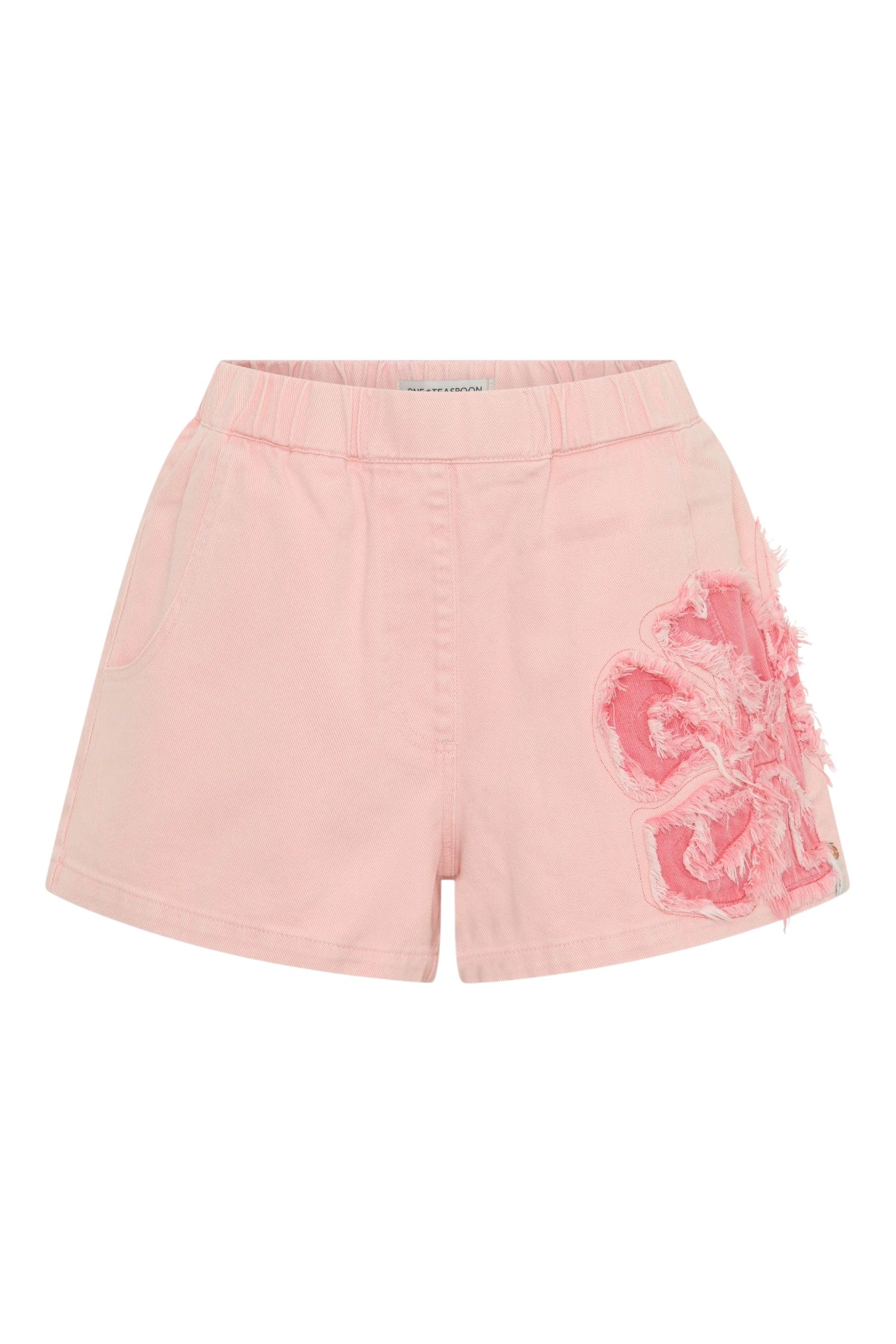 ELSHAM BOUTIQUE pink petal high waist denim shorts with frayed floral embroidery and elasticated waistband.