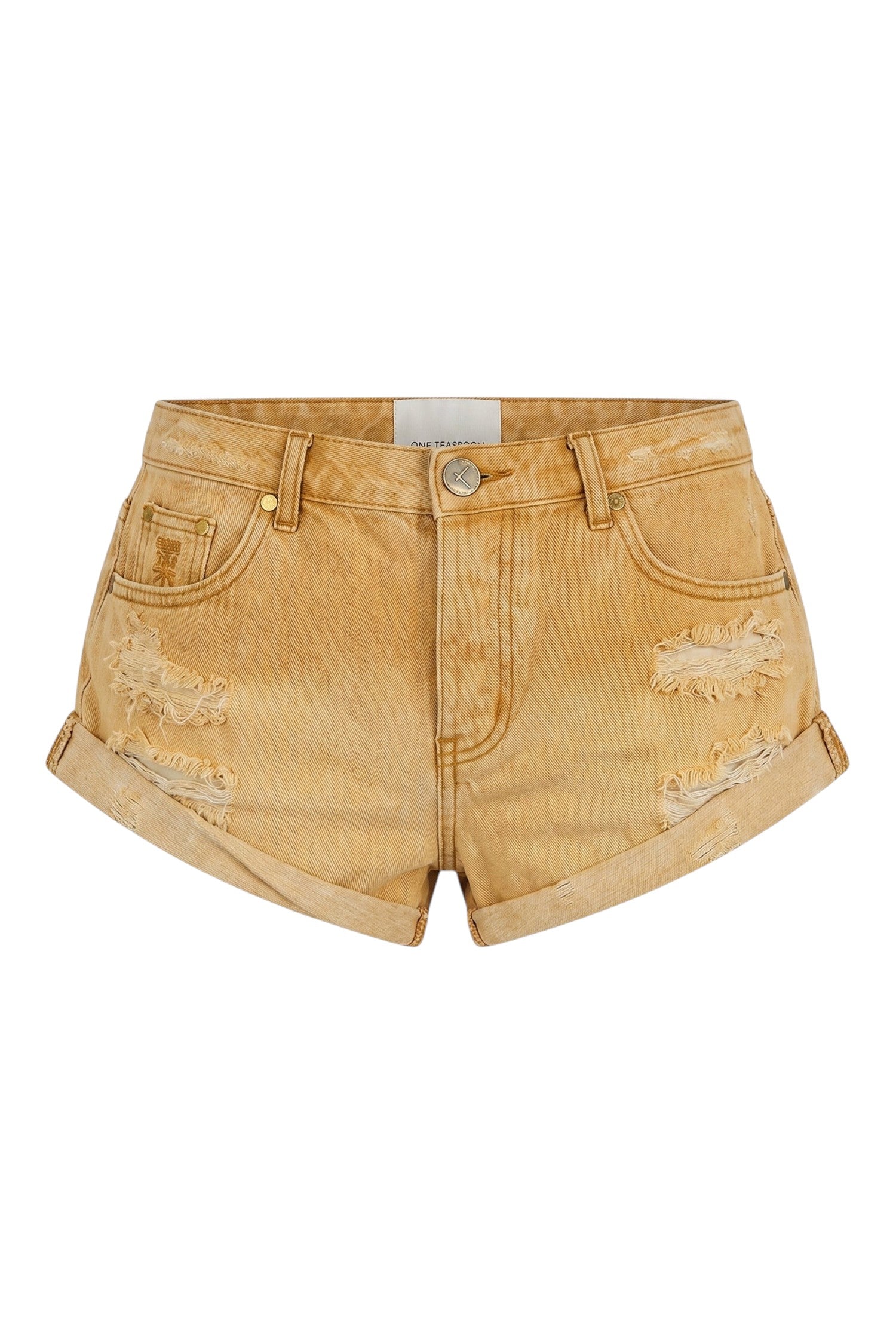 ELSHAM BOUTIQUE Bandits low waist denim shorts in sunfade yellow with distressed details and rolled hem.