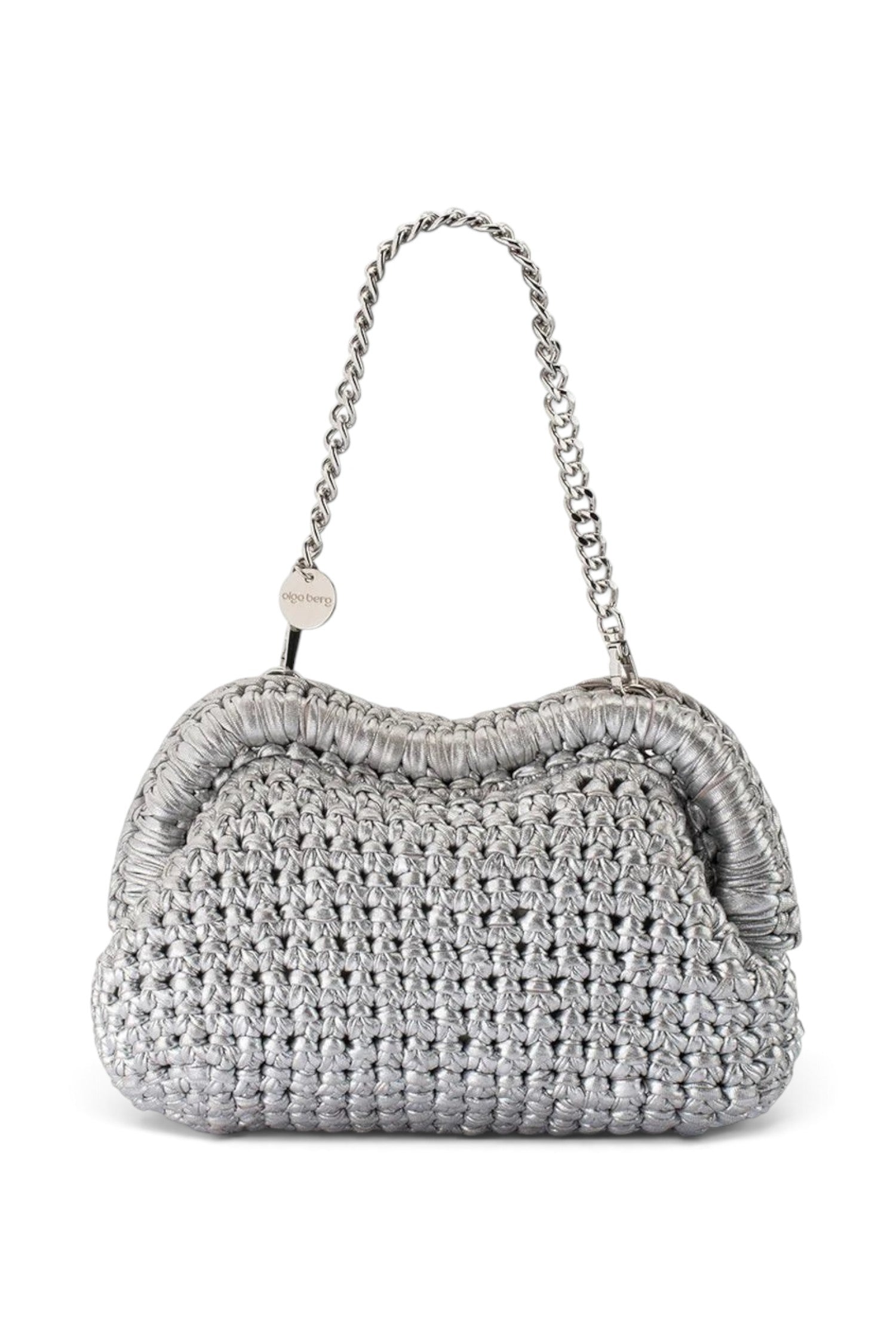 ELSHAM BOUTIQUE Taylor silver metallic crochet clutch bag with a removable chain handle and frame closure.
