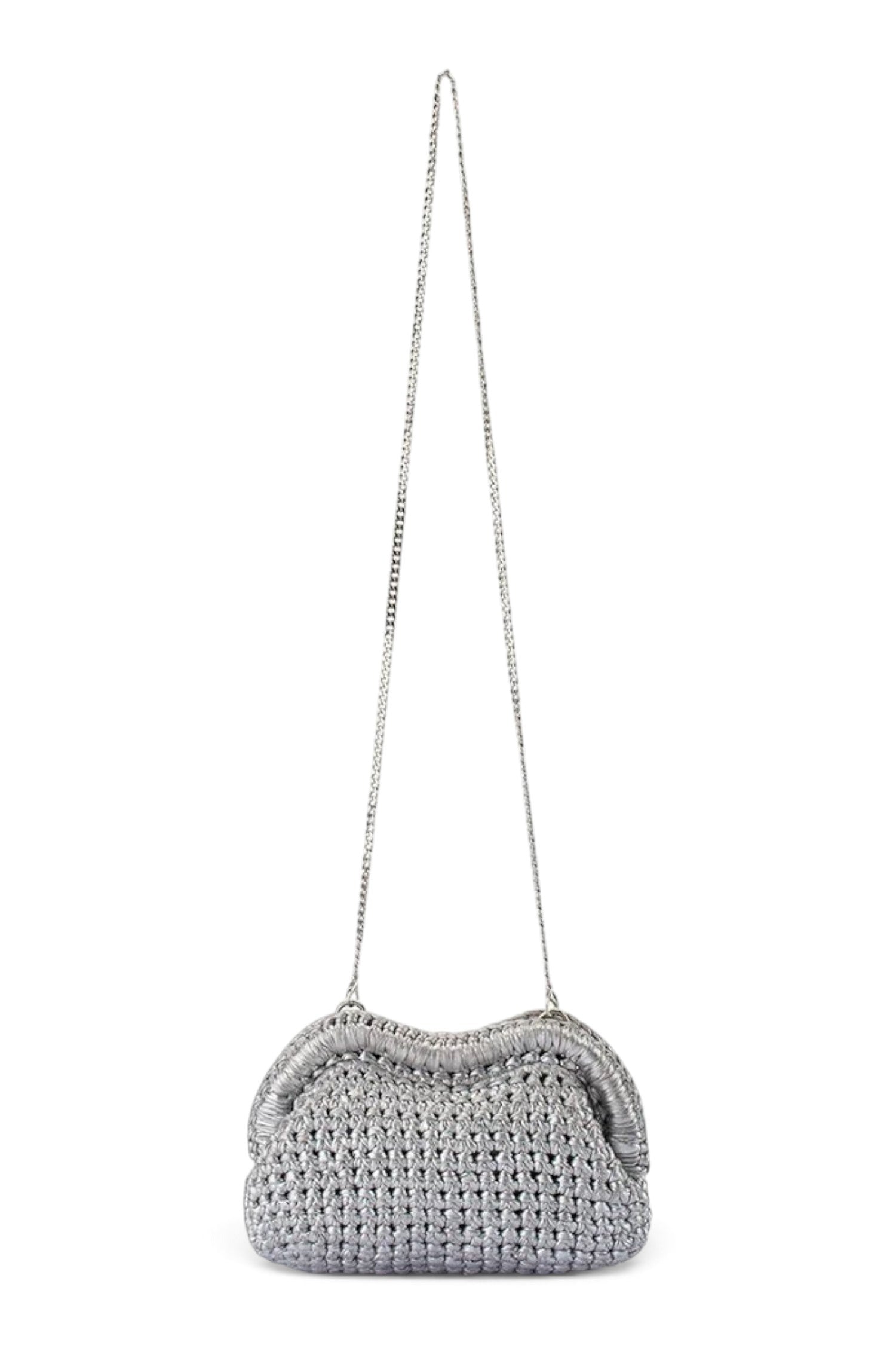 ELSHAM BOUTIQUE Taylor silver metallic crochet clutch with a frame closure and long detachable shoulder chain.