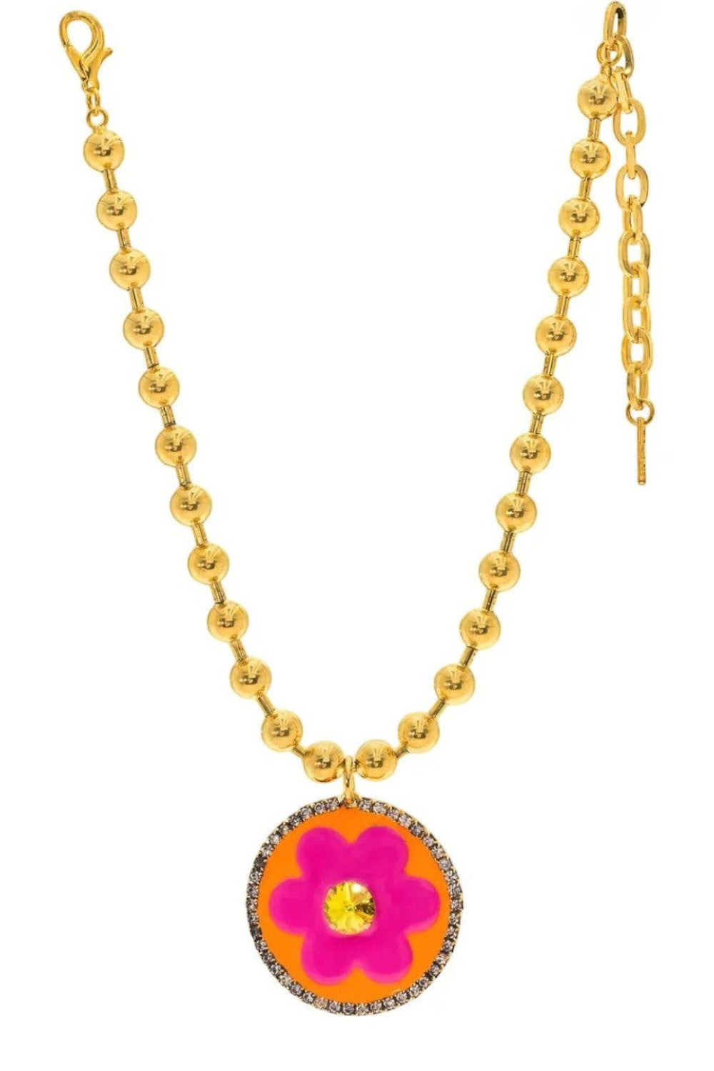 ELSHAM BOUTIQUE Toshka necklace featuring a gold beaded chain and a round enamel flower pendant with crystal accents.