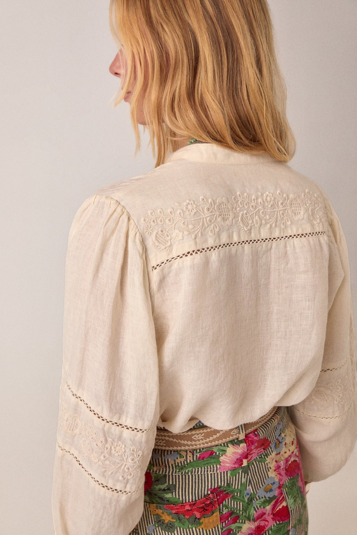 ELSHAM BOUTIQUE Virginia blouse in whisper white cotton-linen with delicate floral embroidery and long voluminous sleeves
