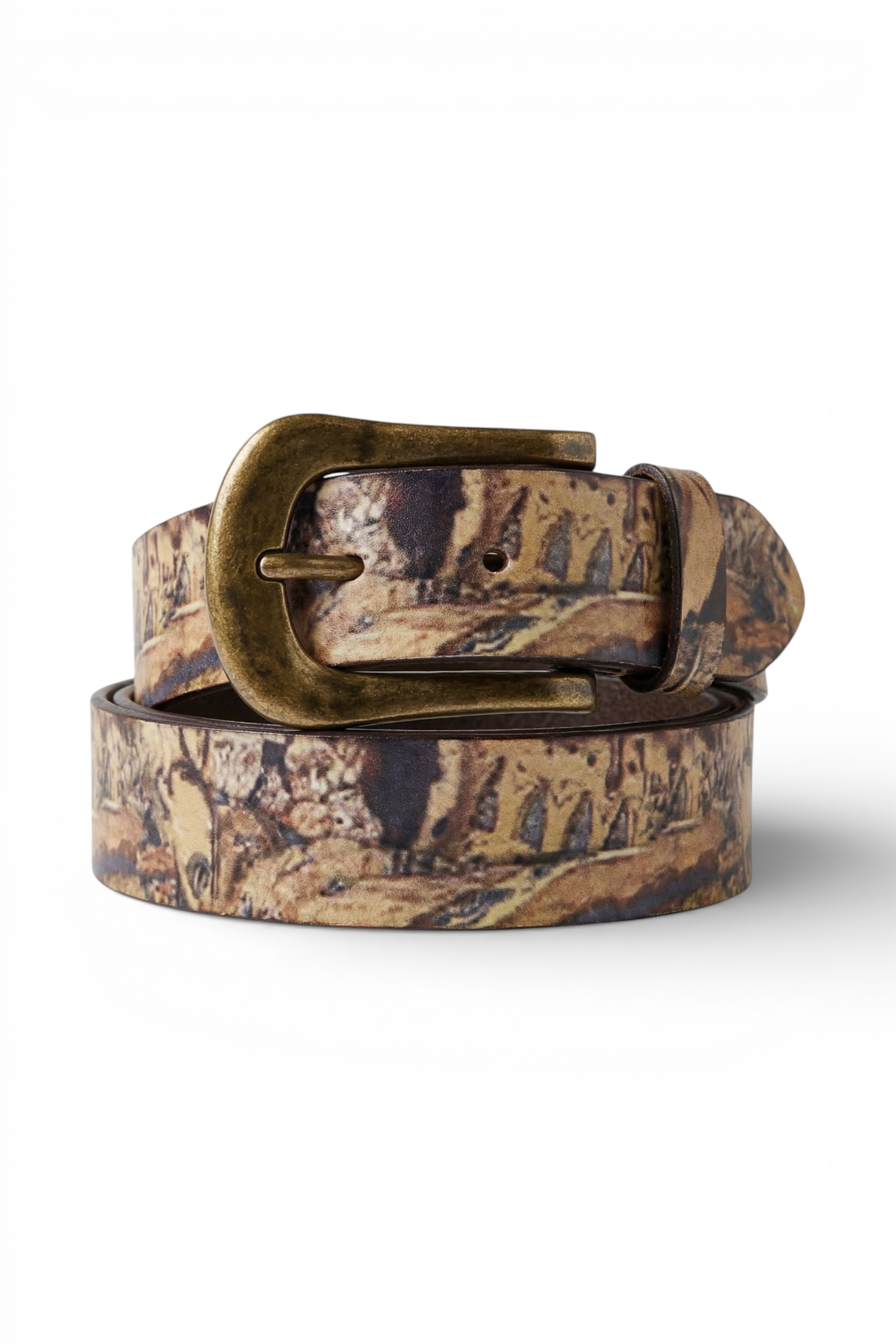 ELSHAM BOUTIQUE Enchanted Belt: 100% leather belt with a printed camouflage pattern and brass buckle. Features a studded loop.