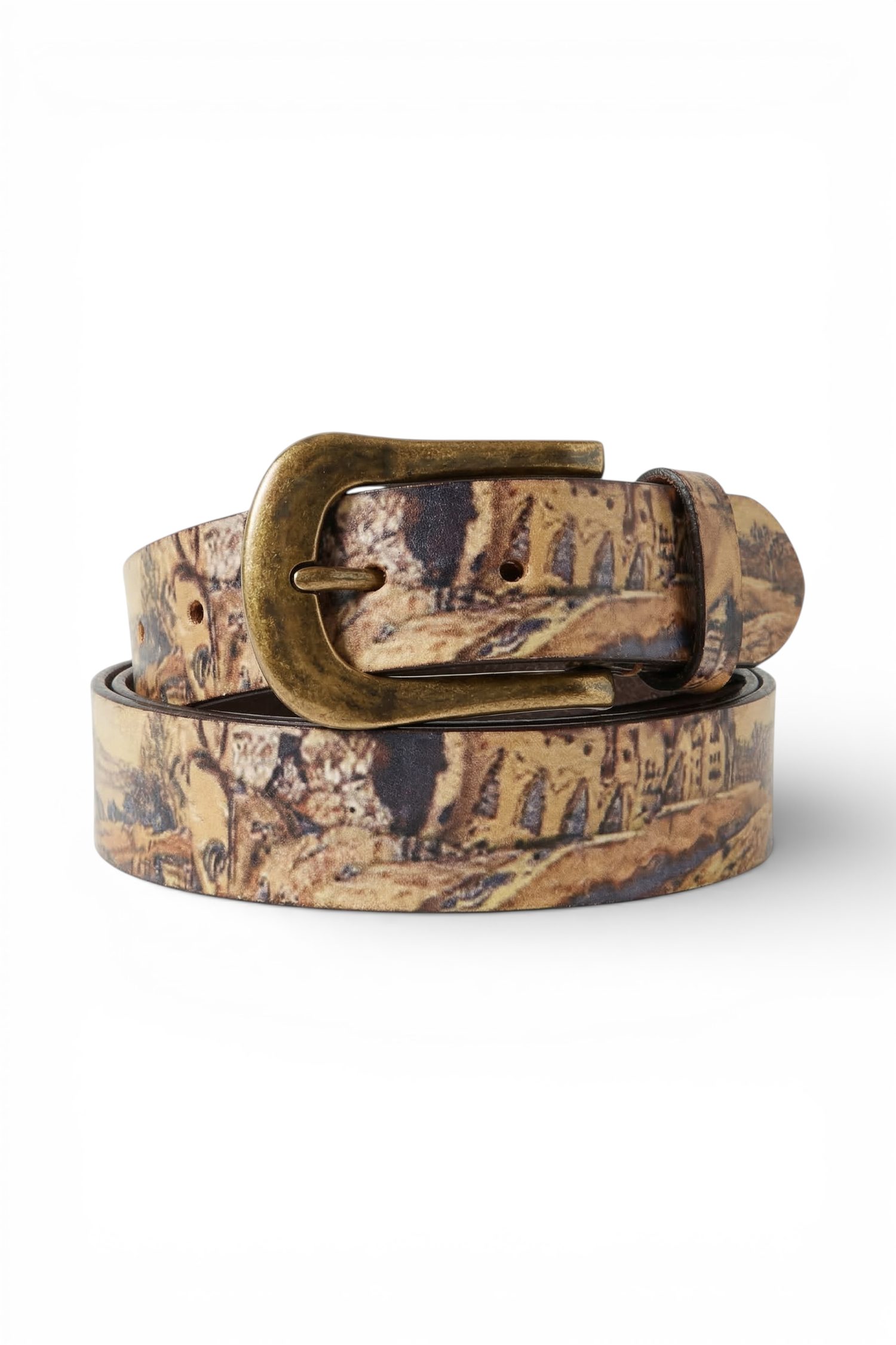 ELSHAM BOUTIQUE printed leather belt with beige studded loop and brass buckle. Features a landscape print.