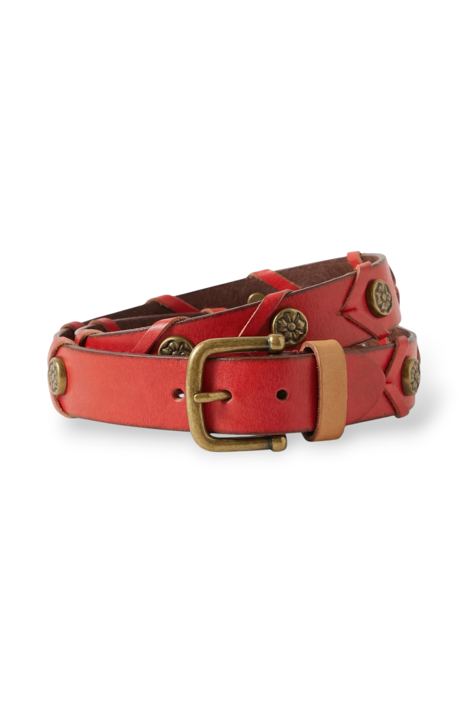 ELSHAM BOUTIQUE red leather belt with woven details, brass studs, and camel loop. Features antique brass buckle.