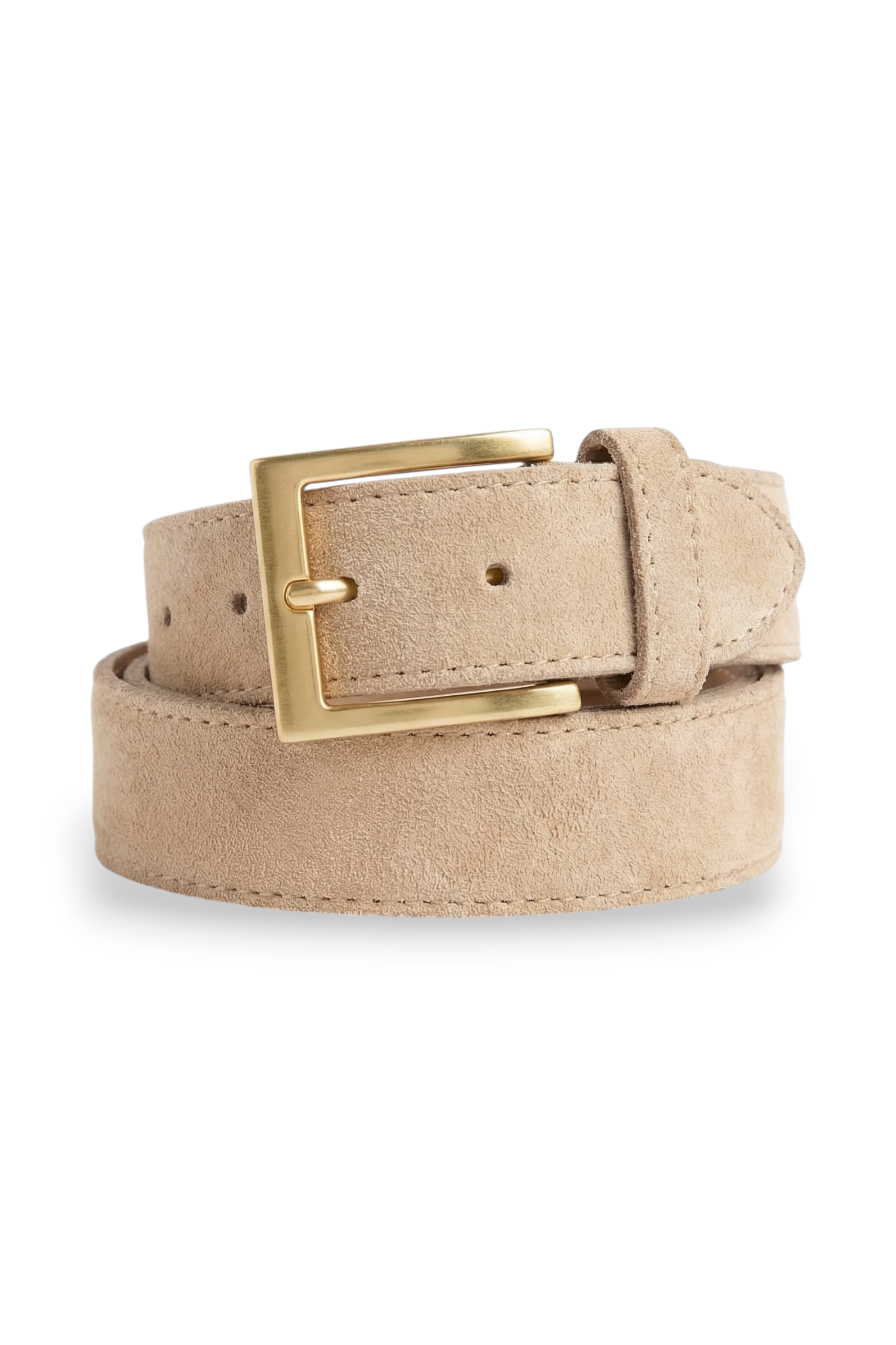 ELSHAM BOUTIQUE classic stone suede belt with brass buckle and double keeper. Soft suede strap with 7 adjustable holes.