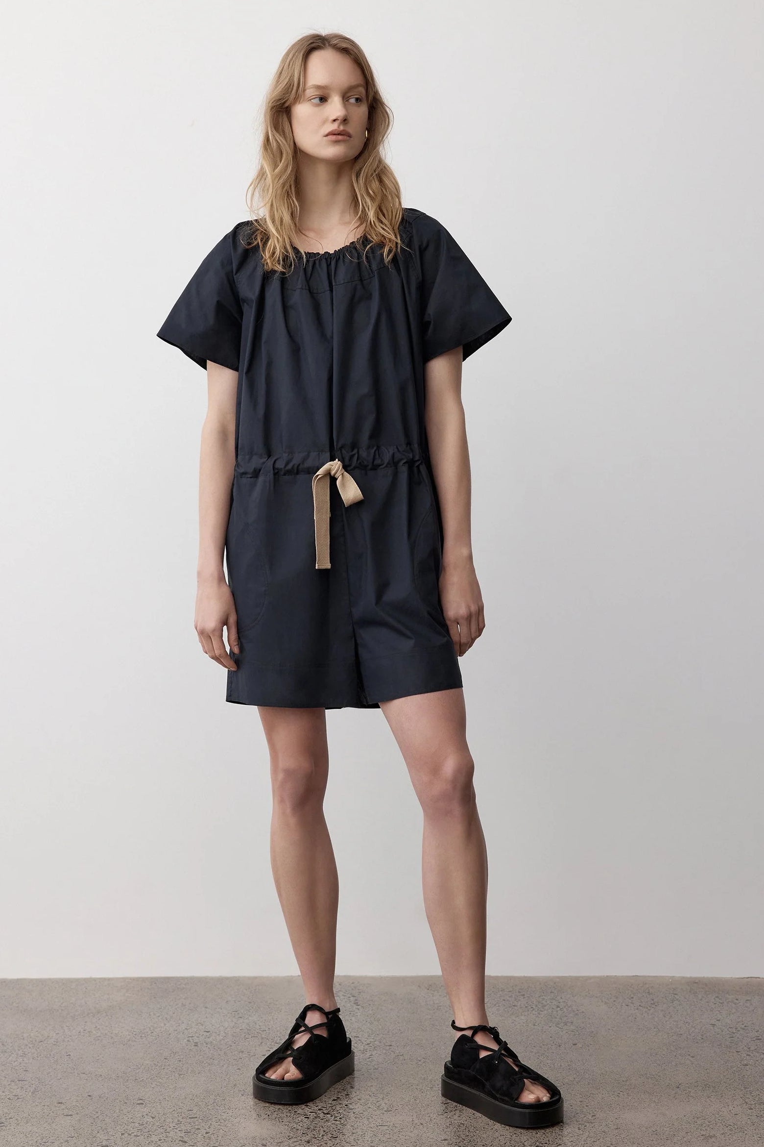 FOEMINA Clothing Harper Playsuit in Navy Womens just in drawcord jumpsuit made in australia Secret Girl Stuff