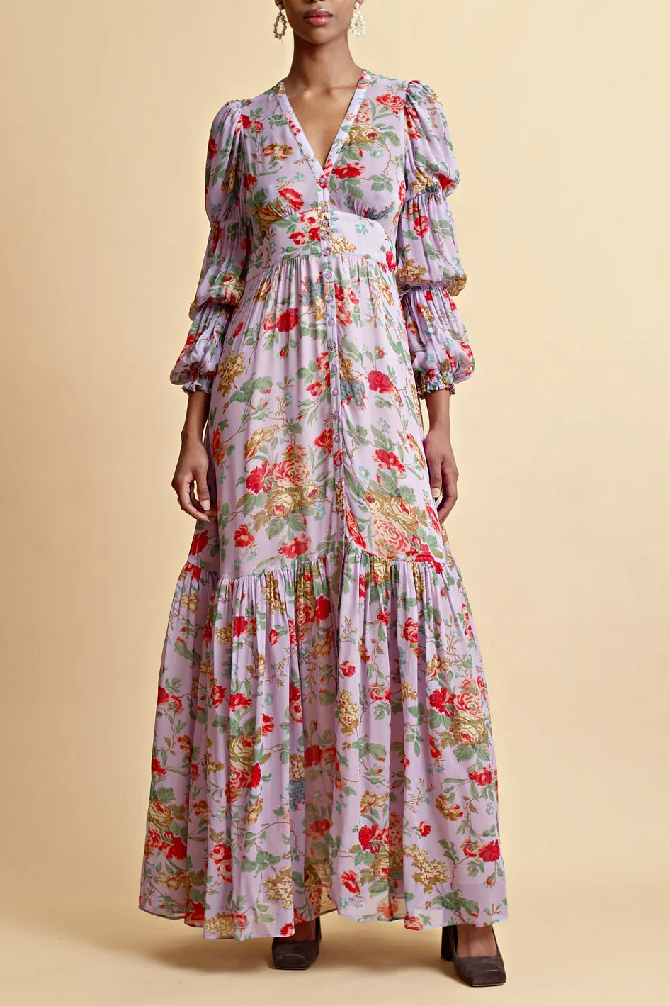 Georgette Maxi Dress in Purple Bouquet Georgette Maxi Dress in Purple Bouquet