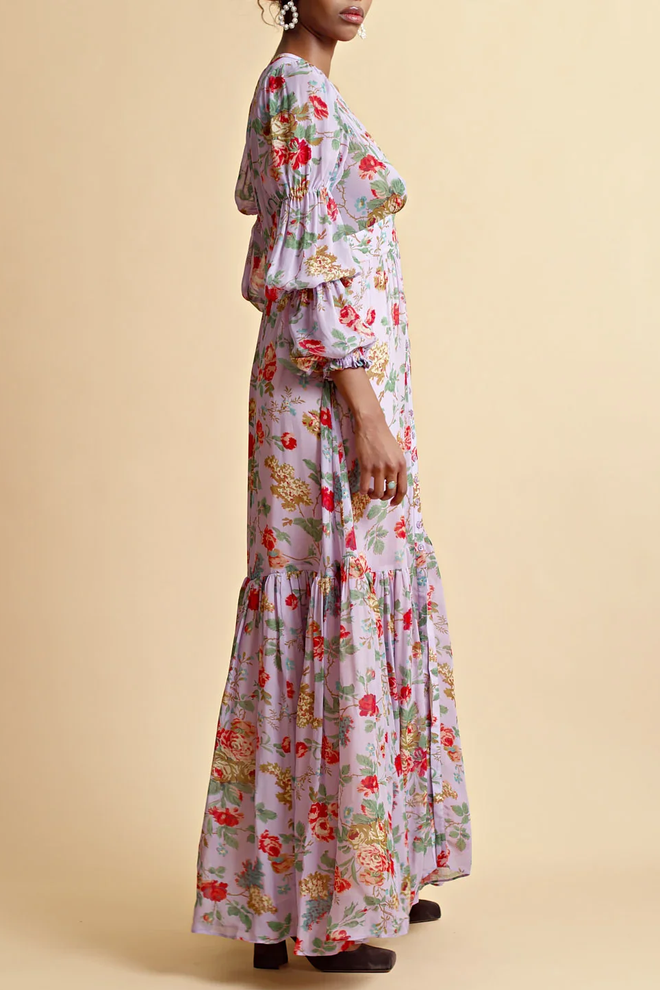 Georgette Maxi Dress in Purple Bouquet Georgette Maxi Dress in Purple Bouquet