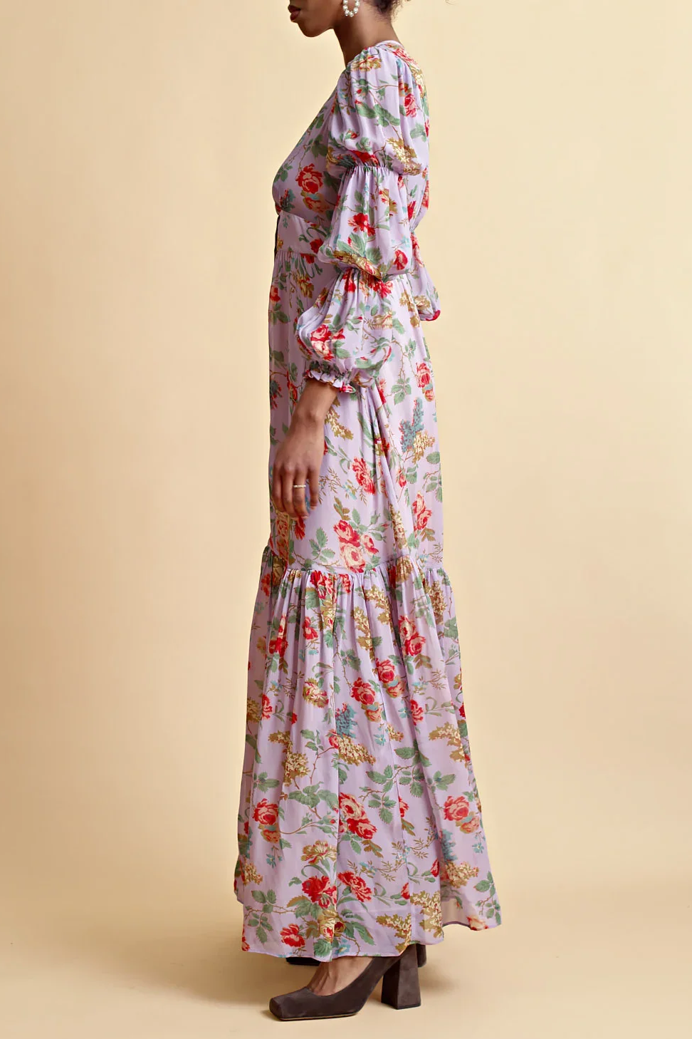 Georgette Maxi Dress in Purple Bouquet Georgette Maxi Dress in Purple Bouquet