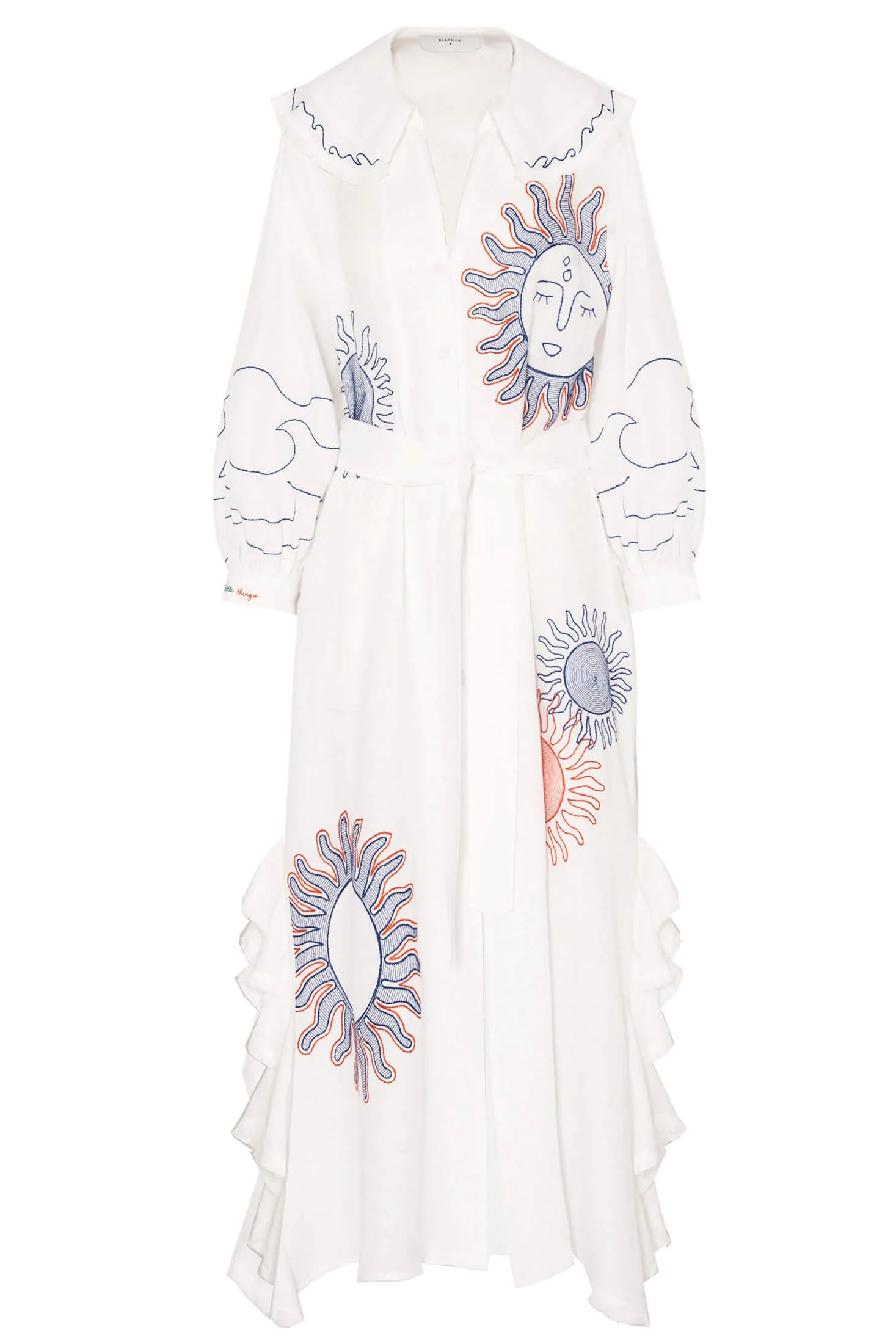 White Hemp Dress with Maxi Embroideries and Ruffles White Hemp Dress with Maxi Embroideries and Ruffles
