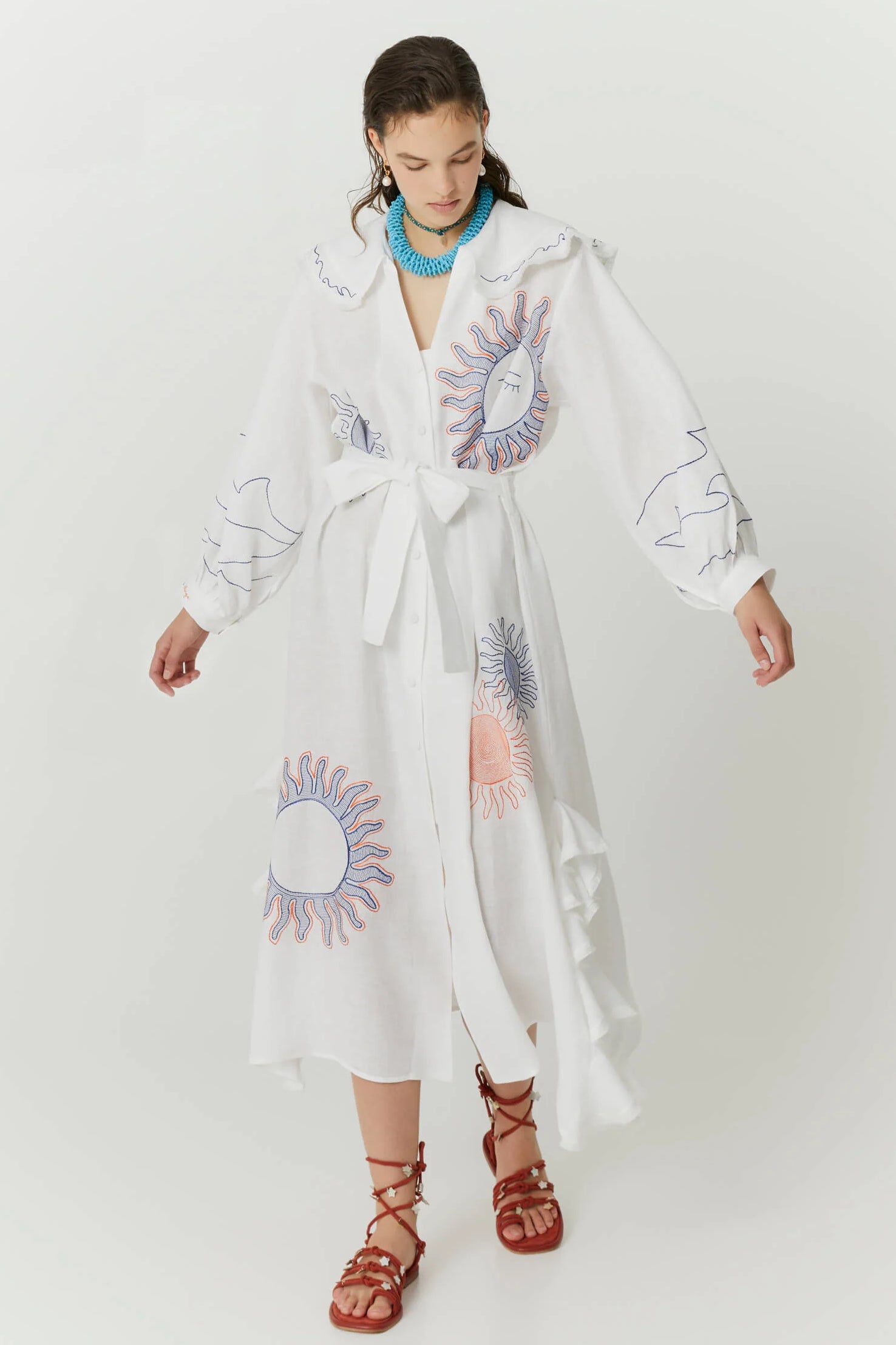 White Hemp Dress with Maxi Embroideries and Ruffles White Hemp Dress with Maxi Embroideries and Ruffles