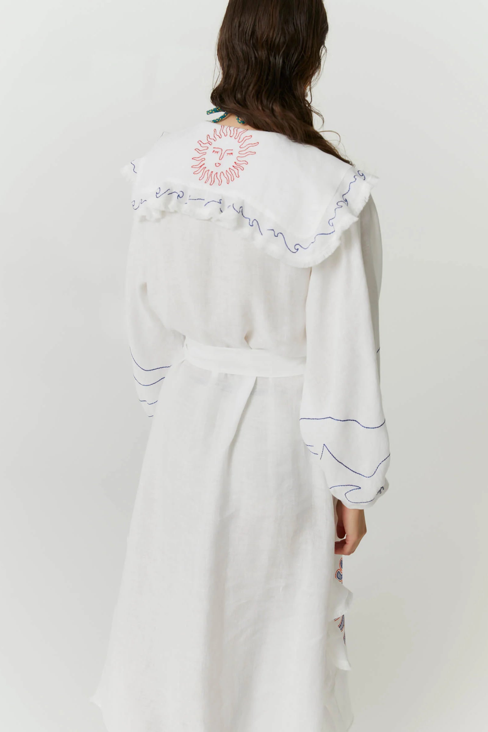 White Hemp Dress with Maxi Embroideries and Ruffles White Hemp Dress with Maxi Embroideries and Ruffles