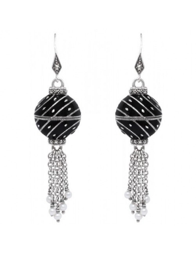 43-214 - Sterling Silver Black Enamel Egg Earrings with Pearls 43-214 - Sterling Silver Black Enamel Egg Earrings with Pearls