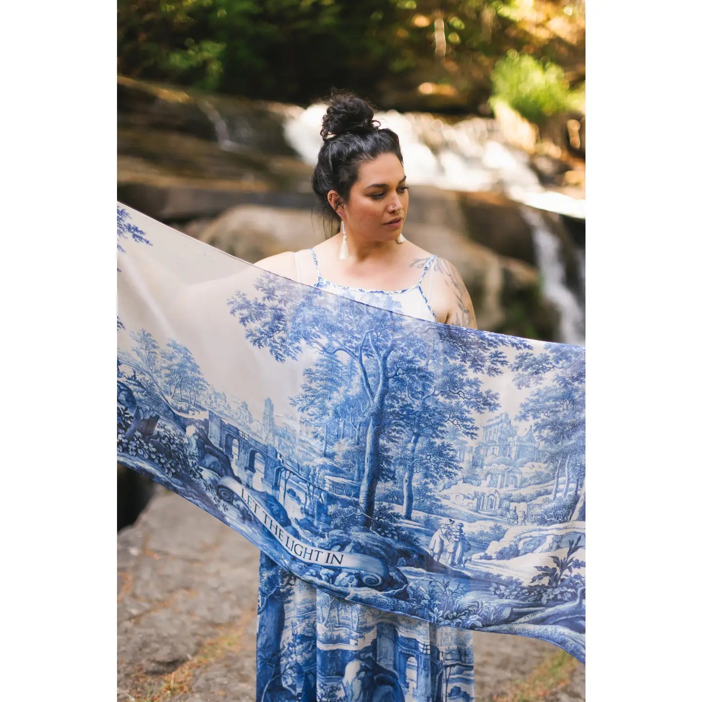 Let the Light in Bohemian Scarf w/ Blue Delft Toile Print Let the Light in Bohemian Scarf w/ Blue Delft Toile Print