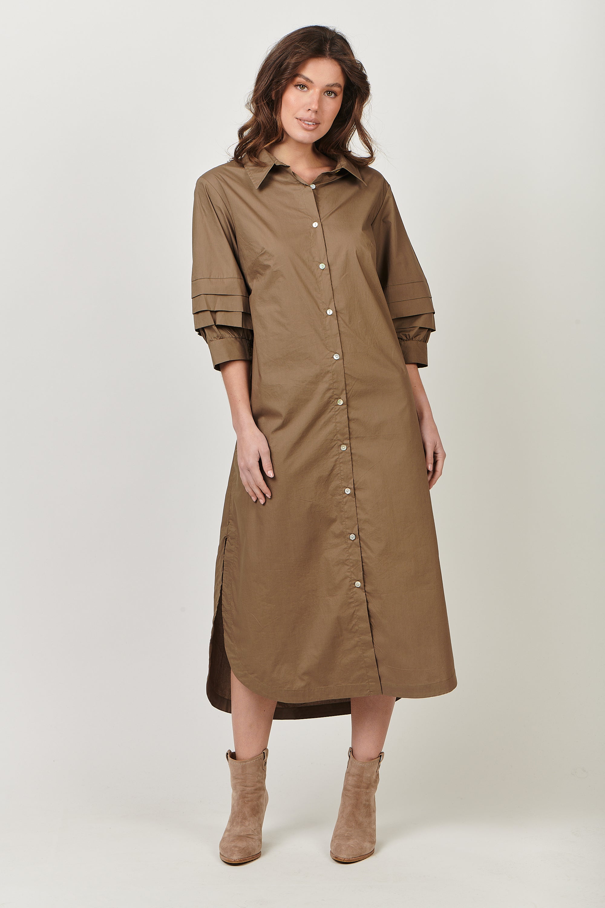 GA488 Shift Midi Dress in Khaki Poplin