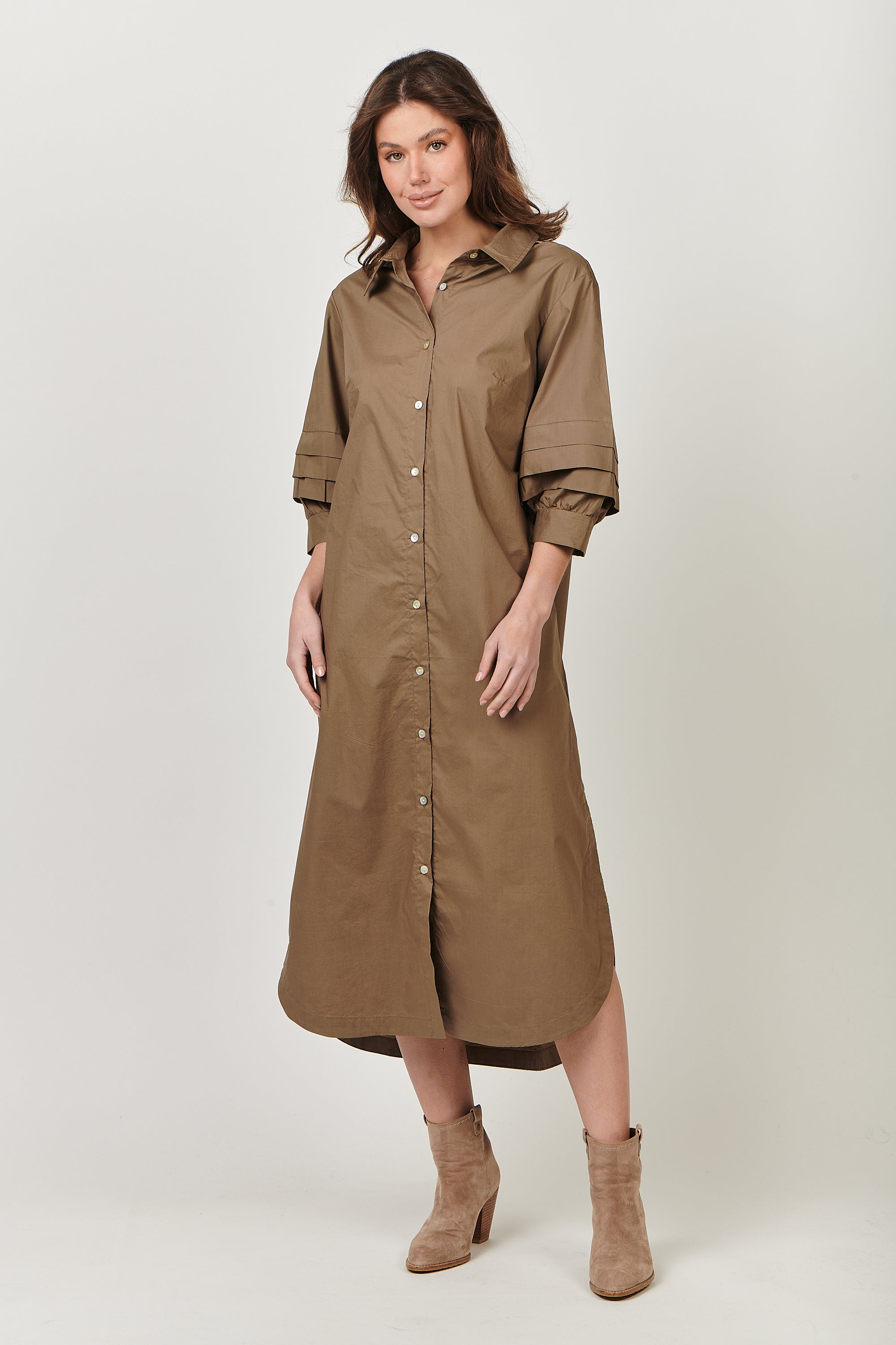 GA488 Shift Midi Dress in Khaki Poplin GA488 Shift Midi Dress in Khaki Poplin