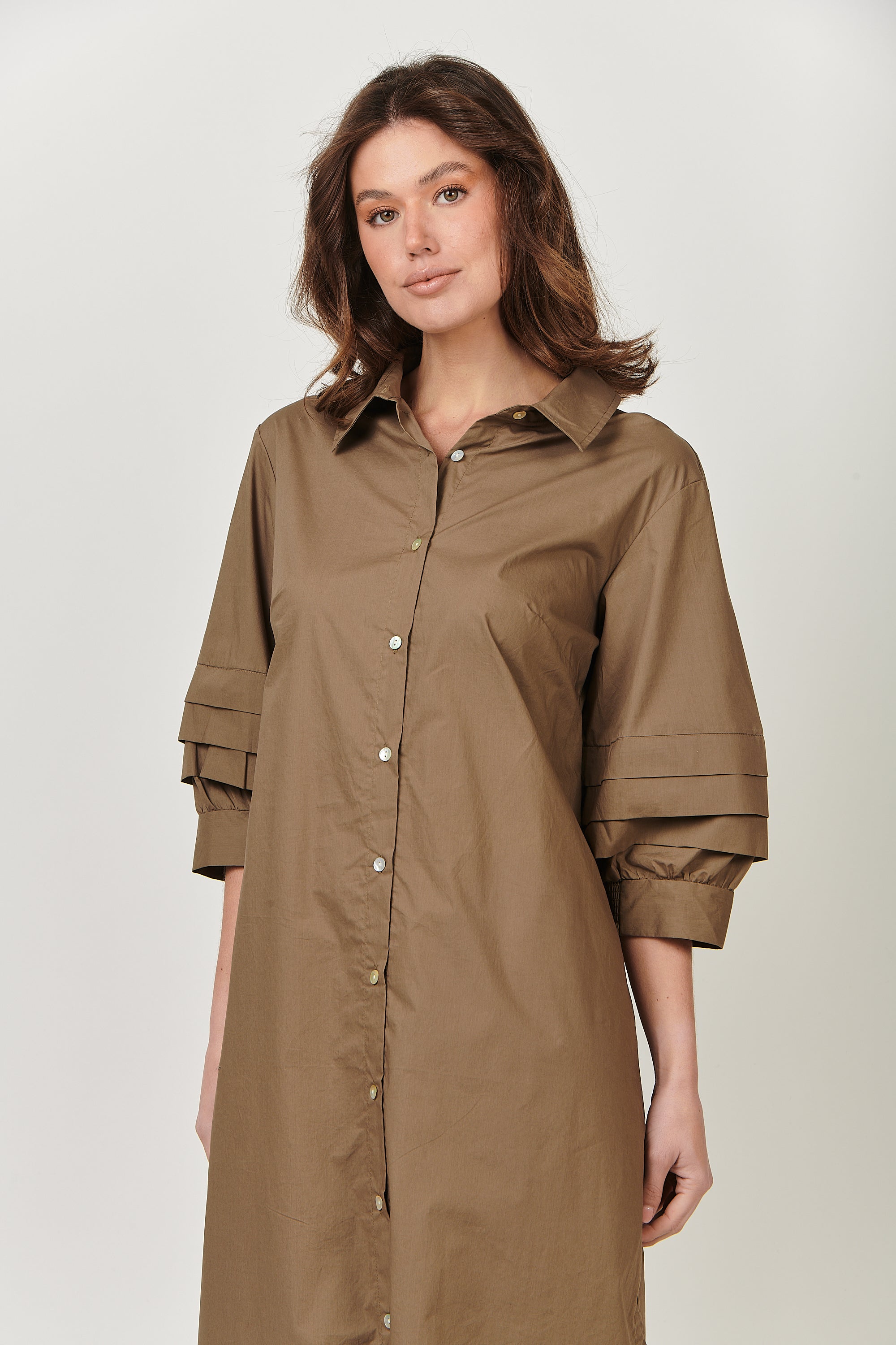 GA488 Shift Midi Dress in Khaki Poplin GA488 Shift Midi Dress in Khaki Poplin