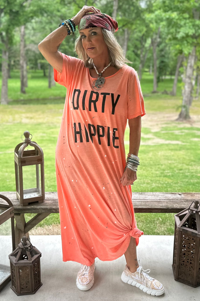 JADED GYPSY Dirty Hippie Dress Women s Clothing Vintage Tangerine Dress Tshirt Dress orange paint splatter vintage artist Secret Girl Stuff