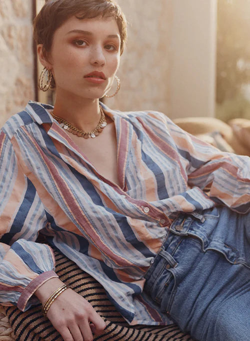 Ina Blouse in Blue Rust Stripe Ina Blouse in Blue Rust Stripe