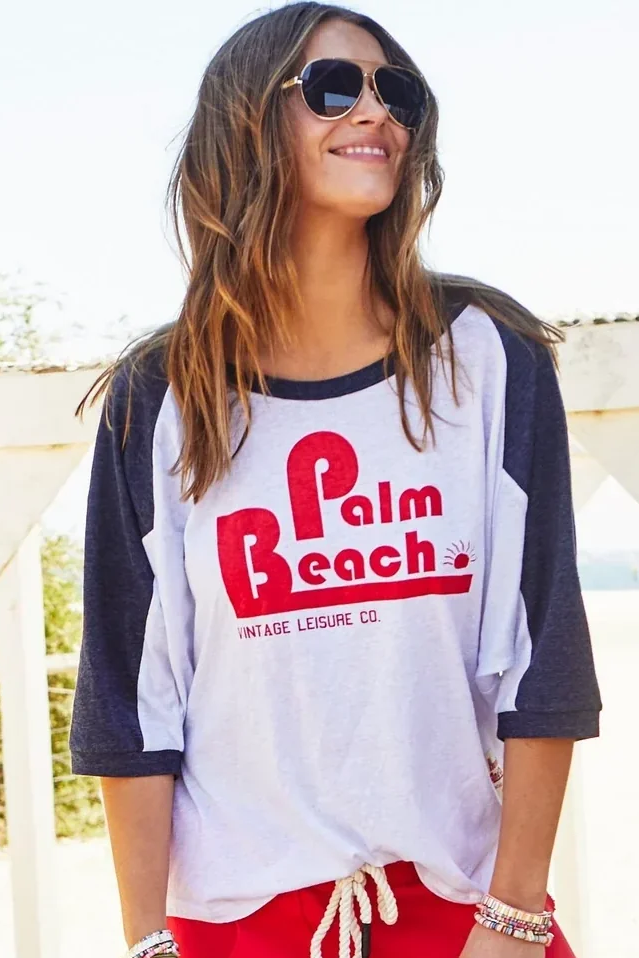 Retro Palm Beach Raglan Tee in White/Navy Retro Palm Beach Raglan Tee in White/Navy