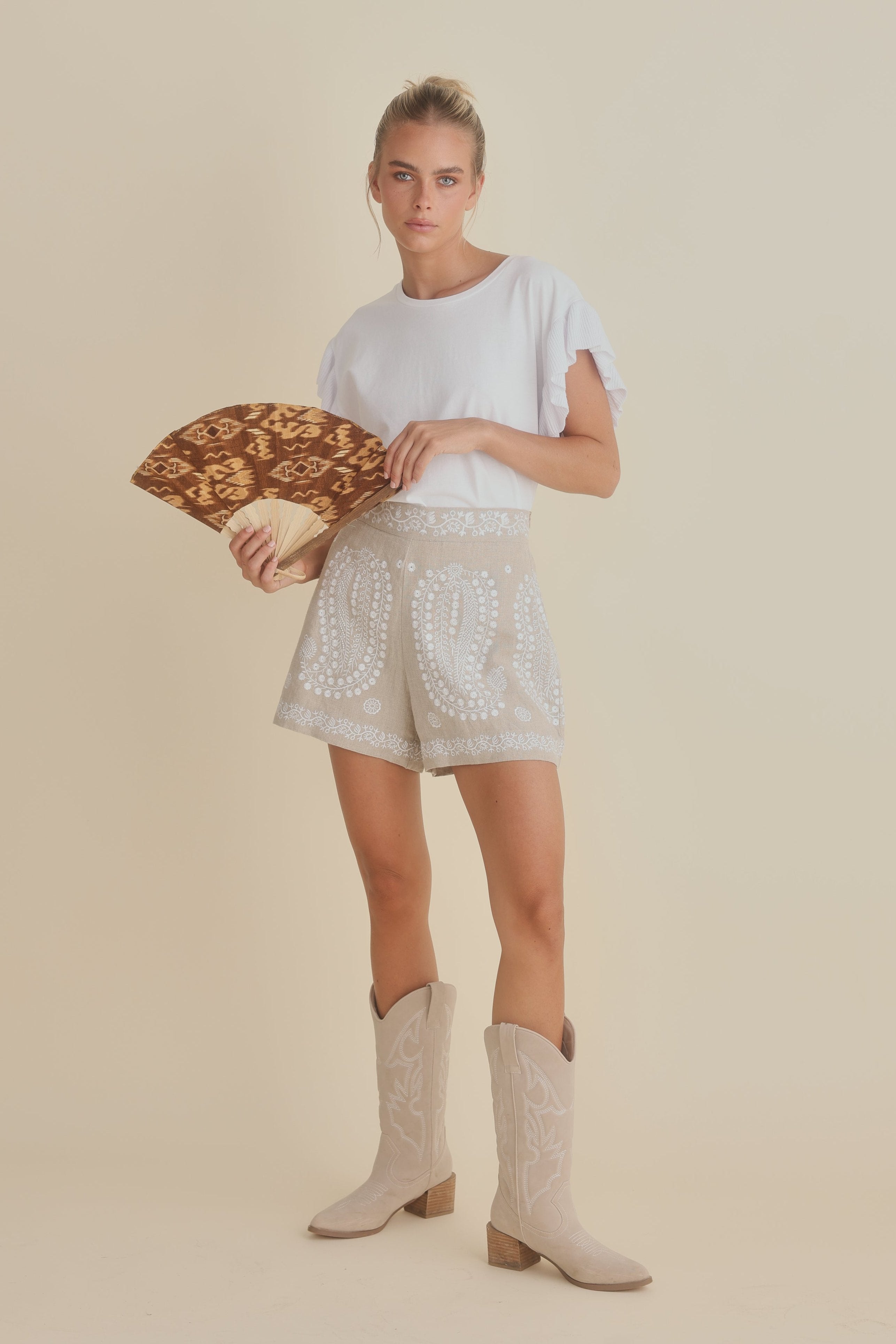 Johari Short in Natural Embroidery Johari Short in Natural Embroidery