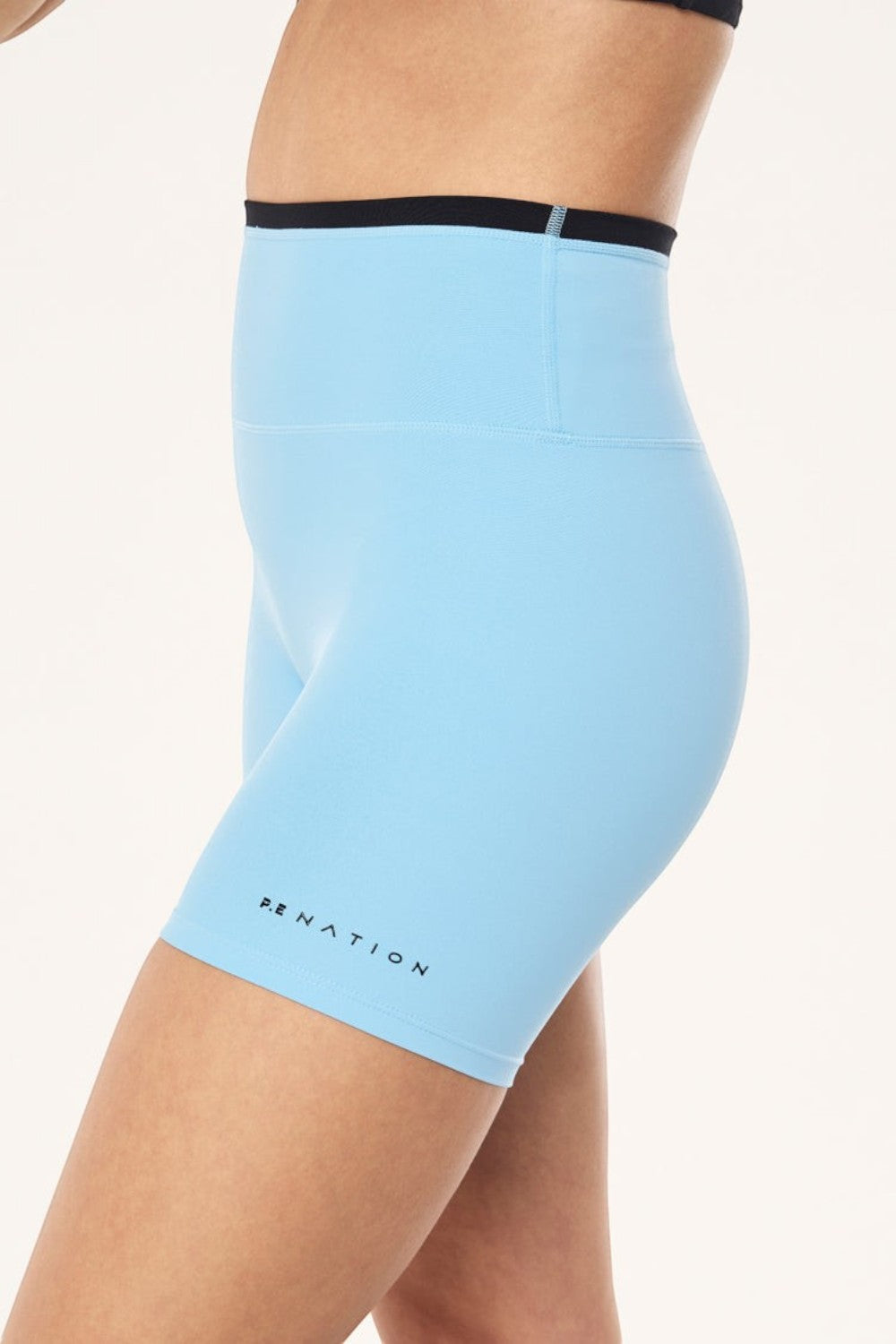 ELSHAM BOUTIQUE Stellar 5-inch high-rise bike shorts in Alaskan blue with a black contrast waistband and logo detail.